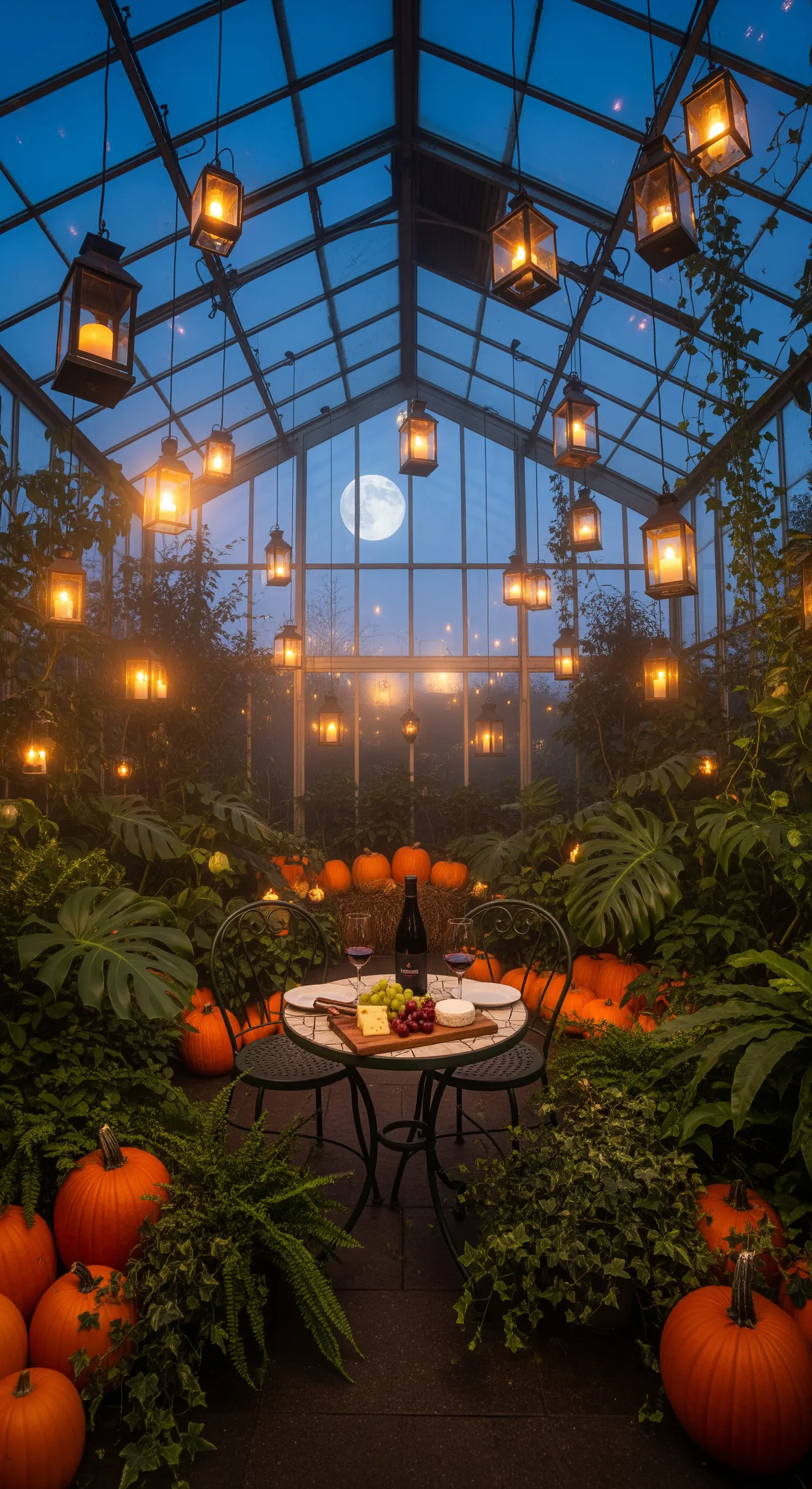 Gewächshaus mit hängenden Laternen, einem Tisch für zwei, Wein und umgebenden Kürbissen und Pflanzen.