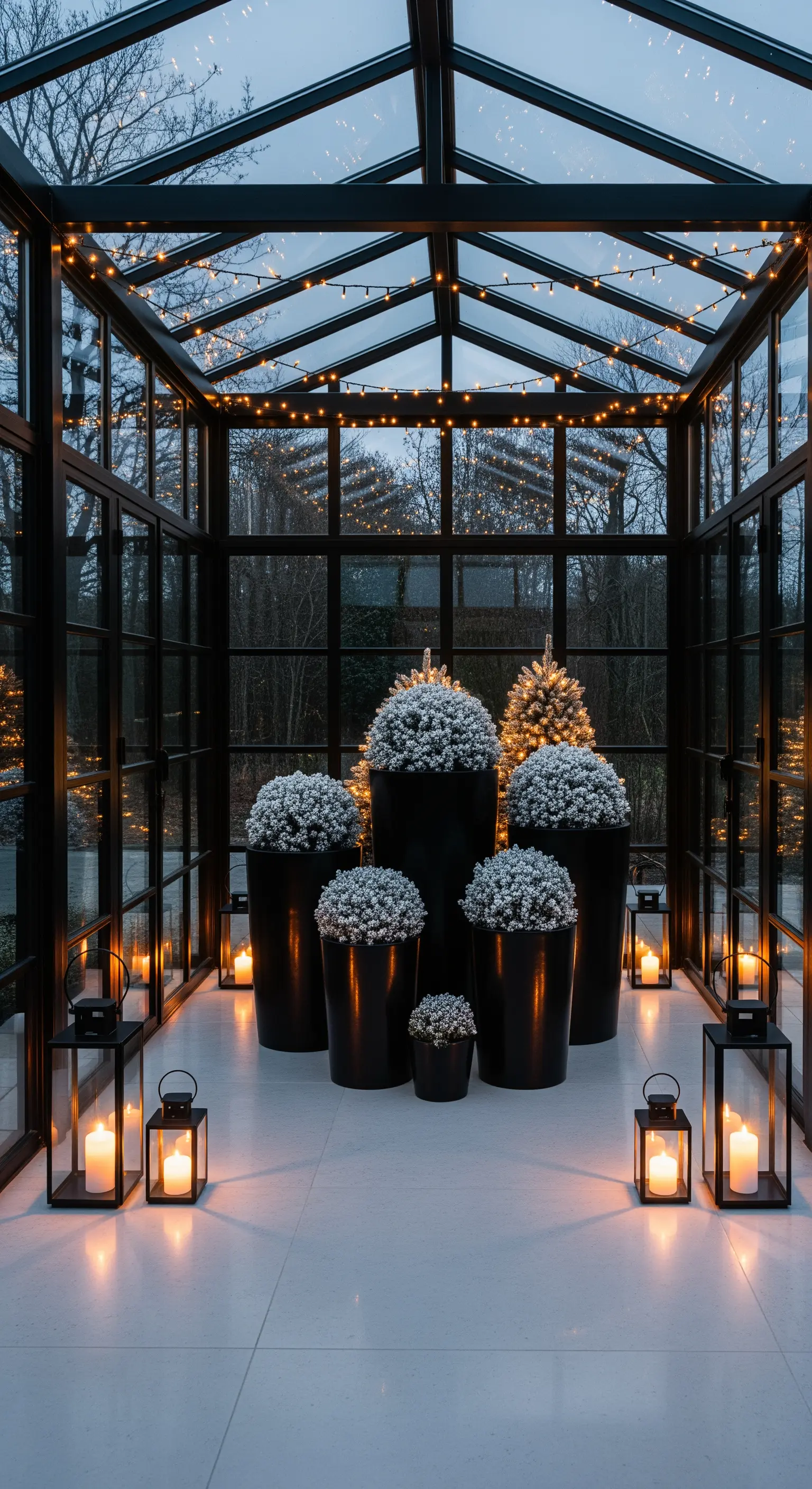 Gewächshaus mit schwarzen Pflanzenkübeln, Lichterketten und Laternen.