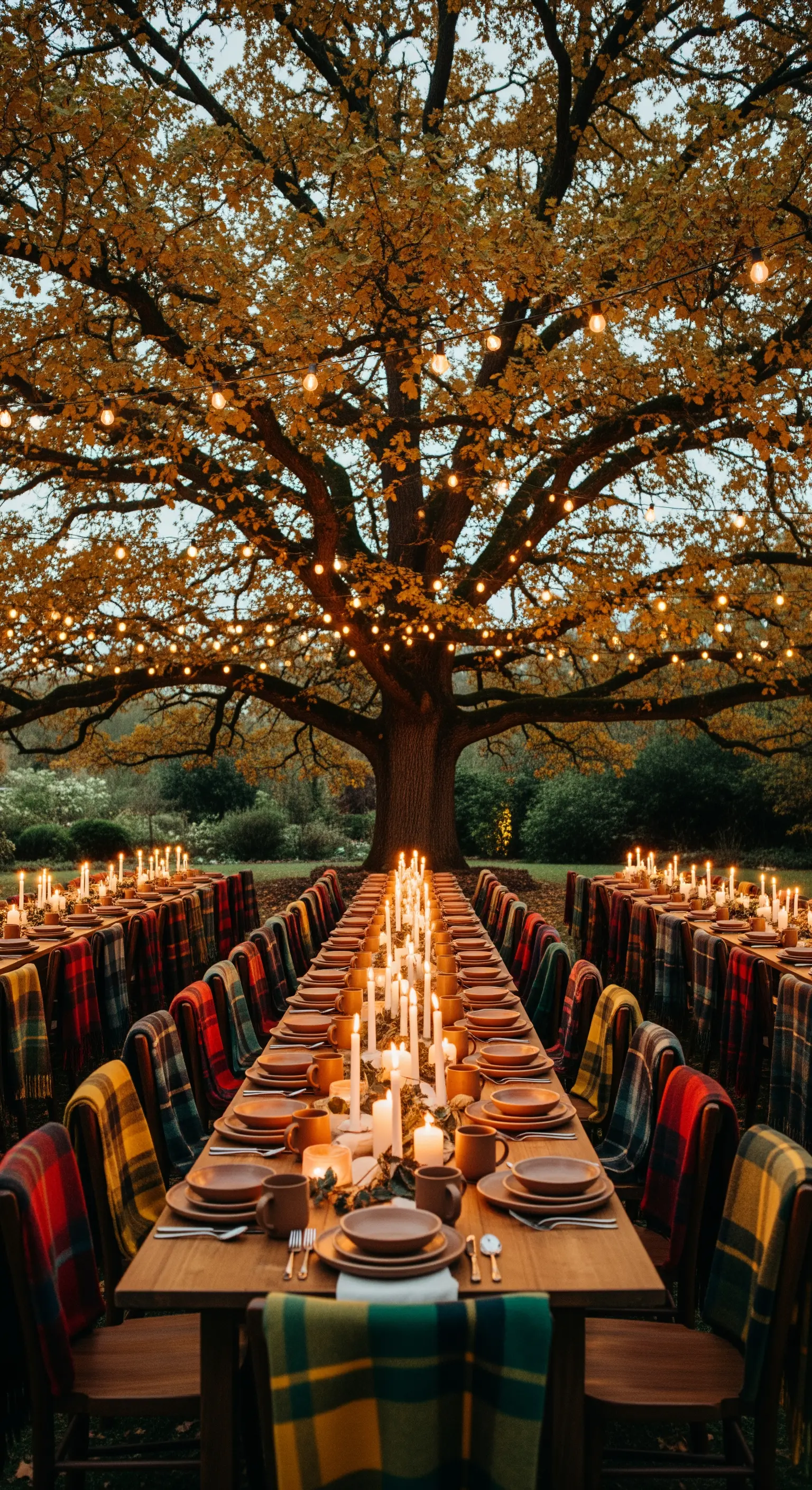 Herbstbankett, langer Tisch, Lichterketten im Baum, Kerzenmeer, karierte Plaids.