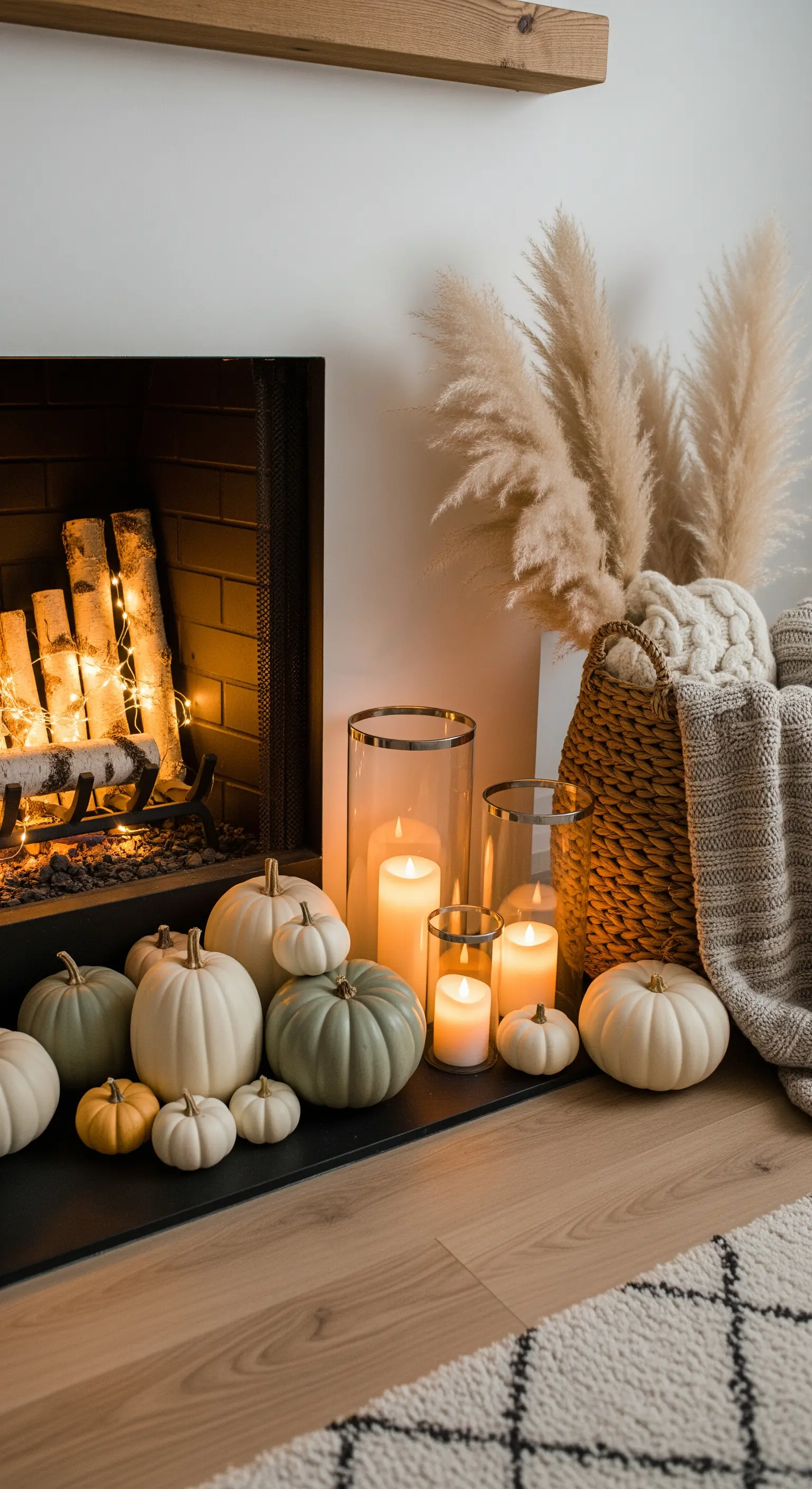 Kaminvorplatz mit Kürbissen in Salbeigrün und Creme, vielen Kerzen und Pampasgras.