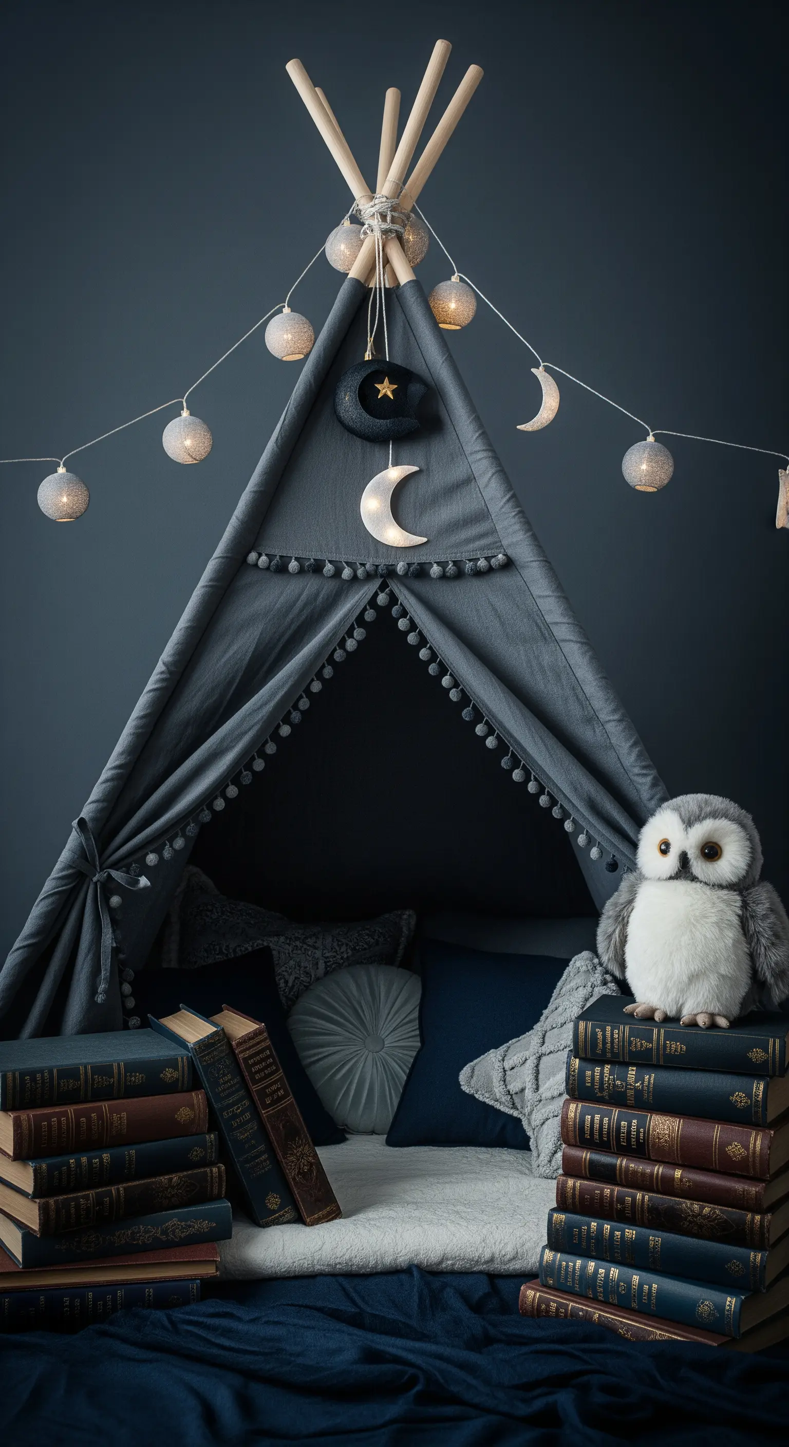 Kinderzimmer, Tipi, Lichterkette, Eule, Bücher, Sternenhimmel.
