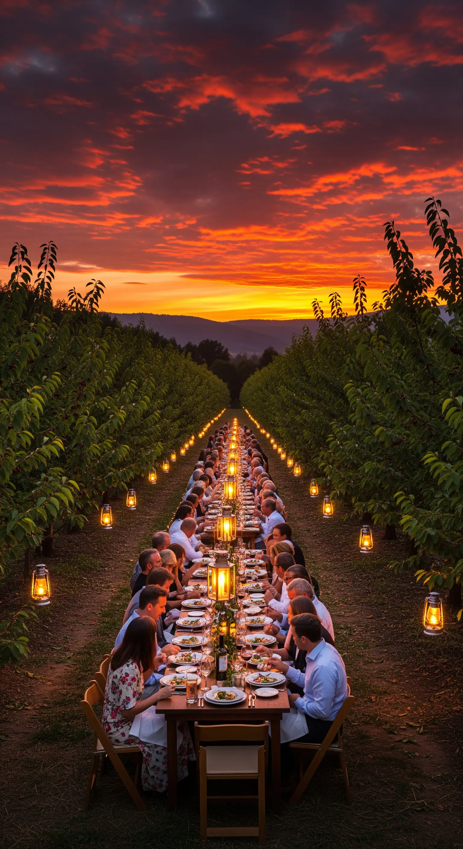 Lange Festtafel im Obstgarten, beleuchtet von vielen Laternen bei Sonnenuntergang