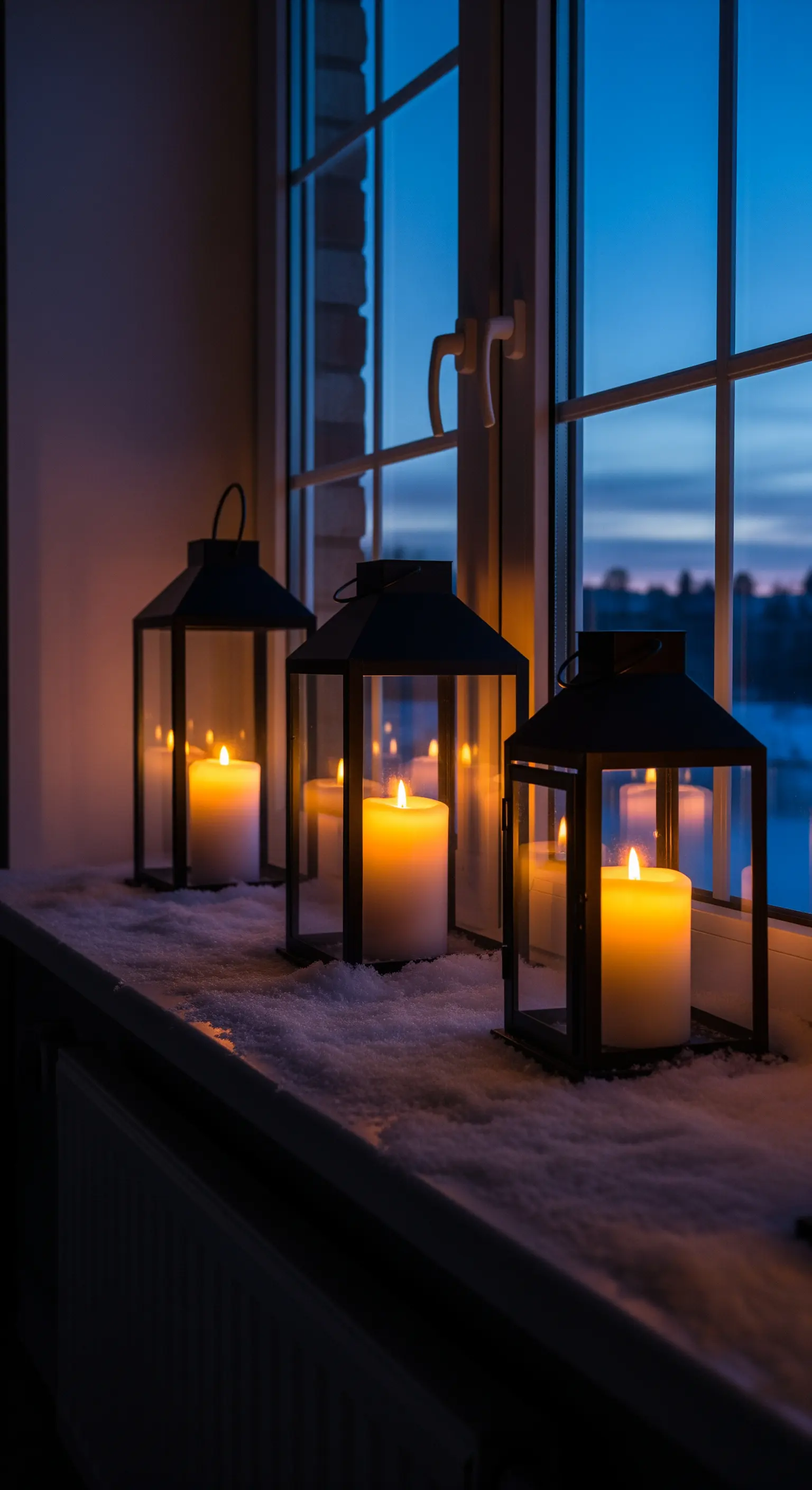 Drei schwarze Laternen mit dicken Kerzen stehen im Schnee auf einer Fensterbank.
