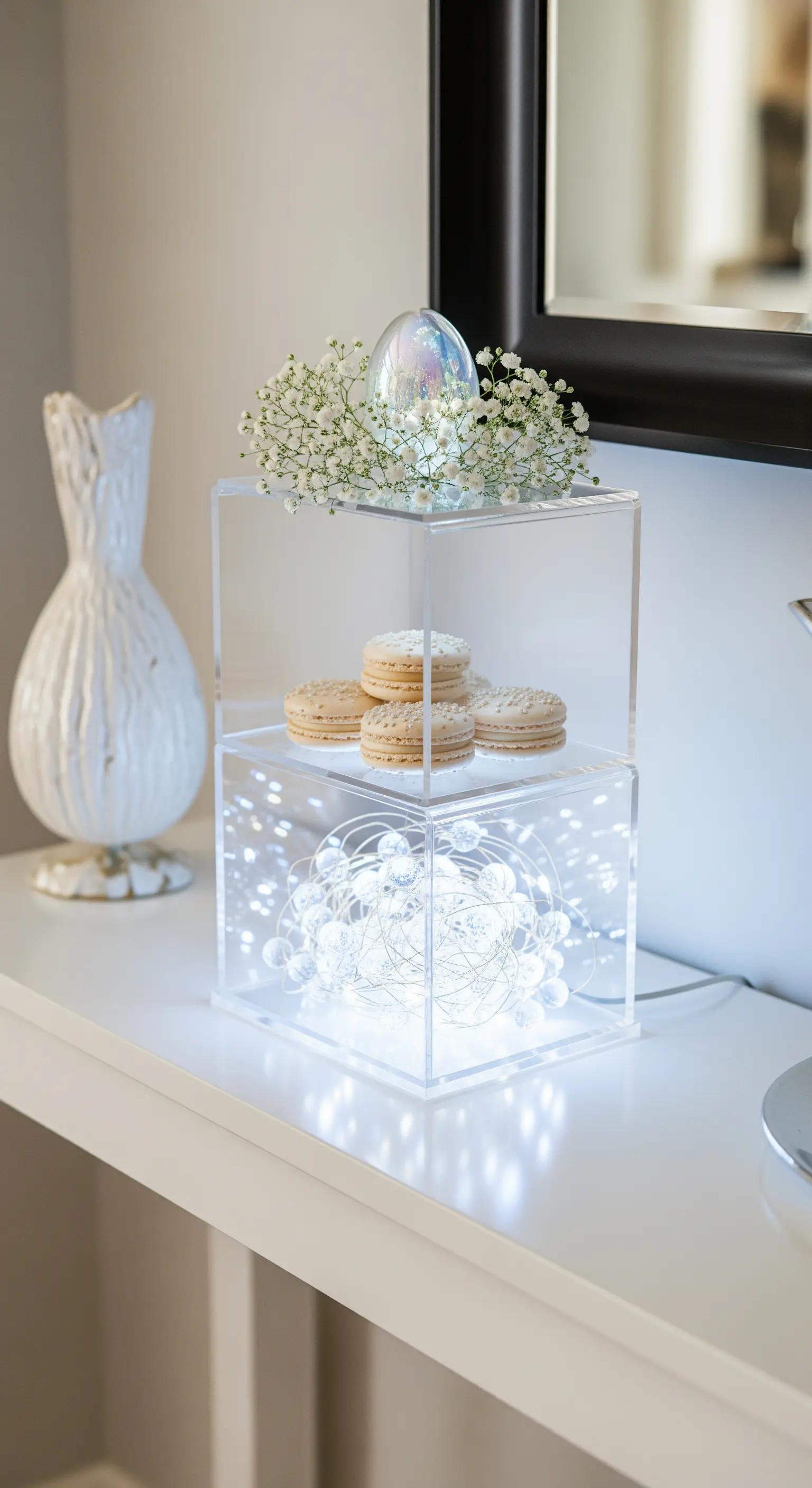 Transparente Acryl-Boxen mit Lichterketten und Schleierkraut dekoriert