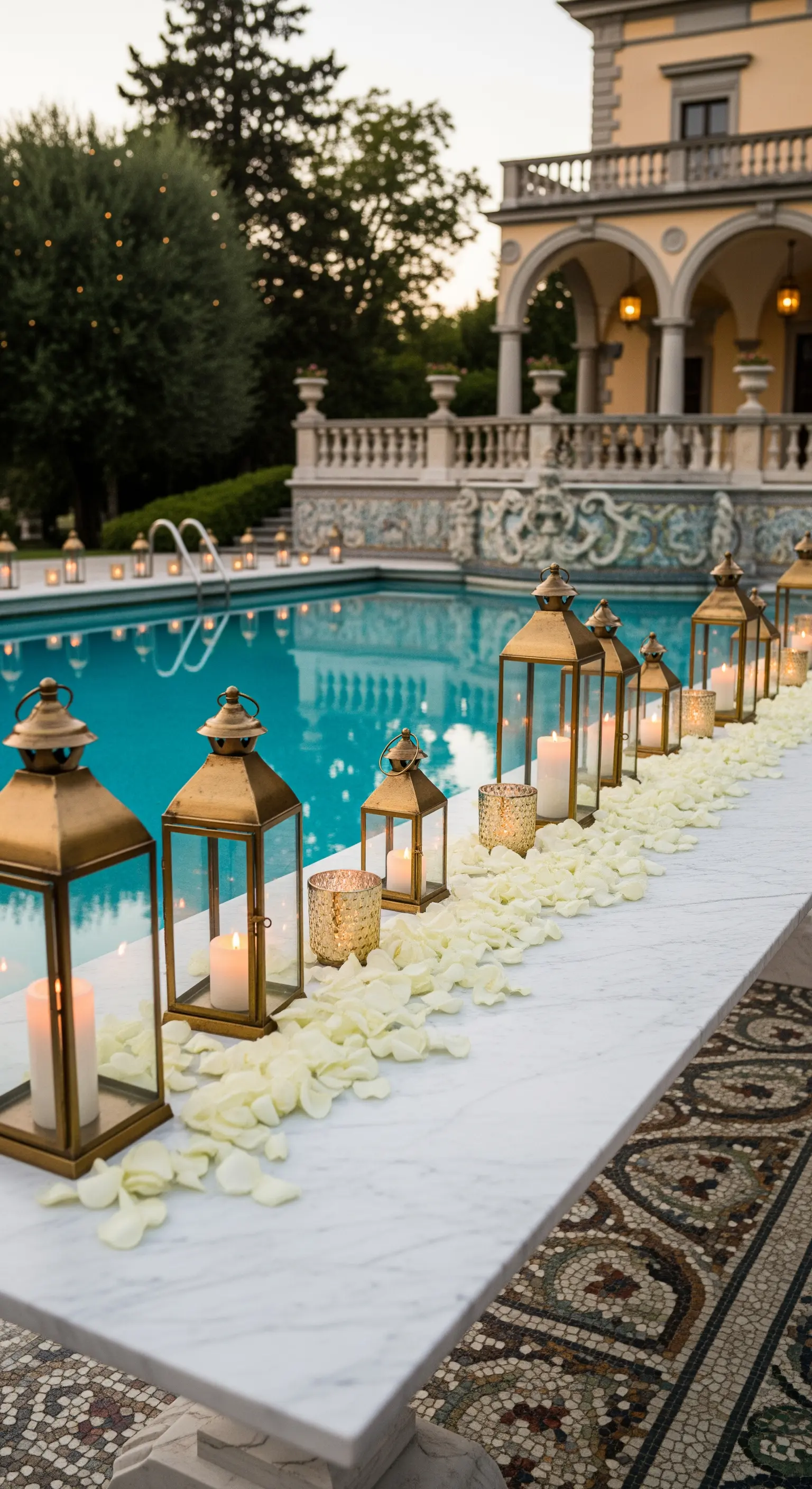 Poolside Dekoration mit goldenen Laternen, Kerzen und weißen Rosenblättern am Marmorrand.