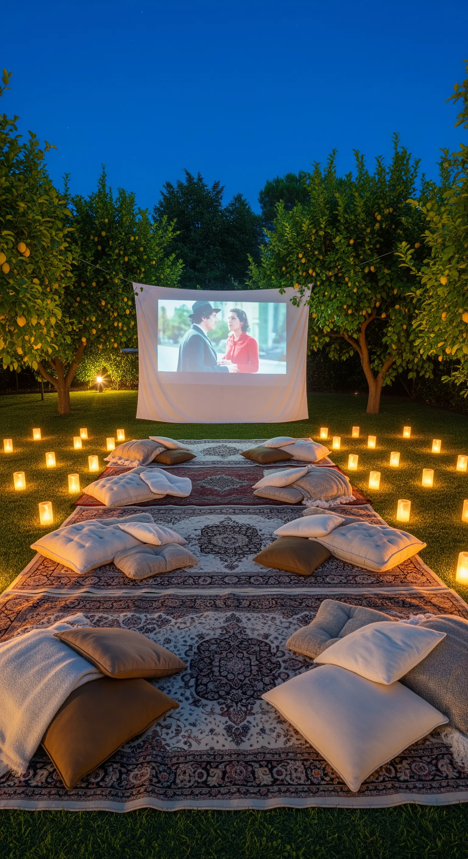 Romantisches Freiluftkino mit vielen Kissen und Lichterketten