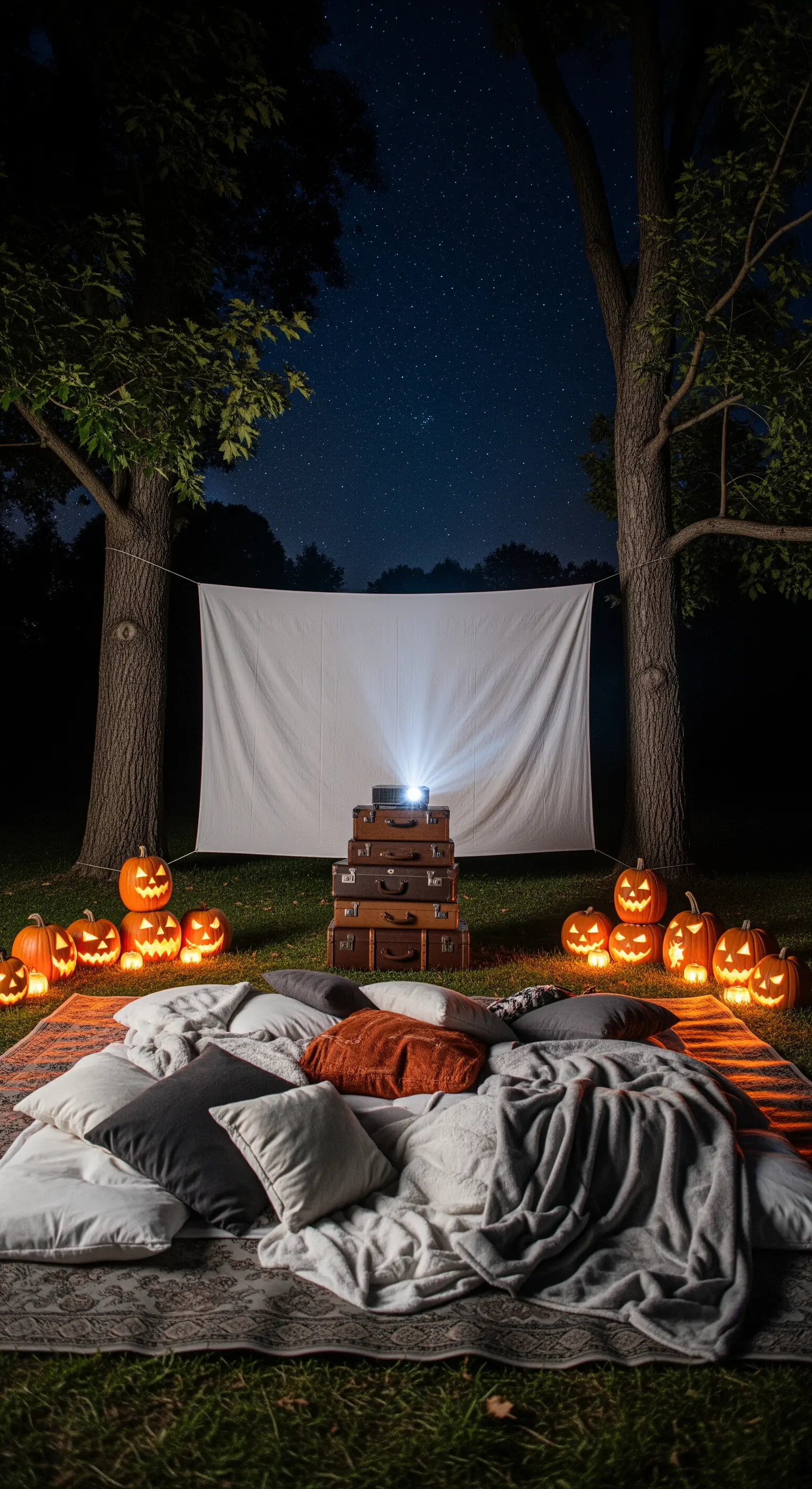 Outdoor-Kino mit Leinwand, Beamer auf Koffern, Kissen, Decken und leuchtenden Kürbissen bei Nacht.
