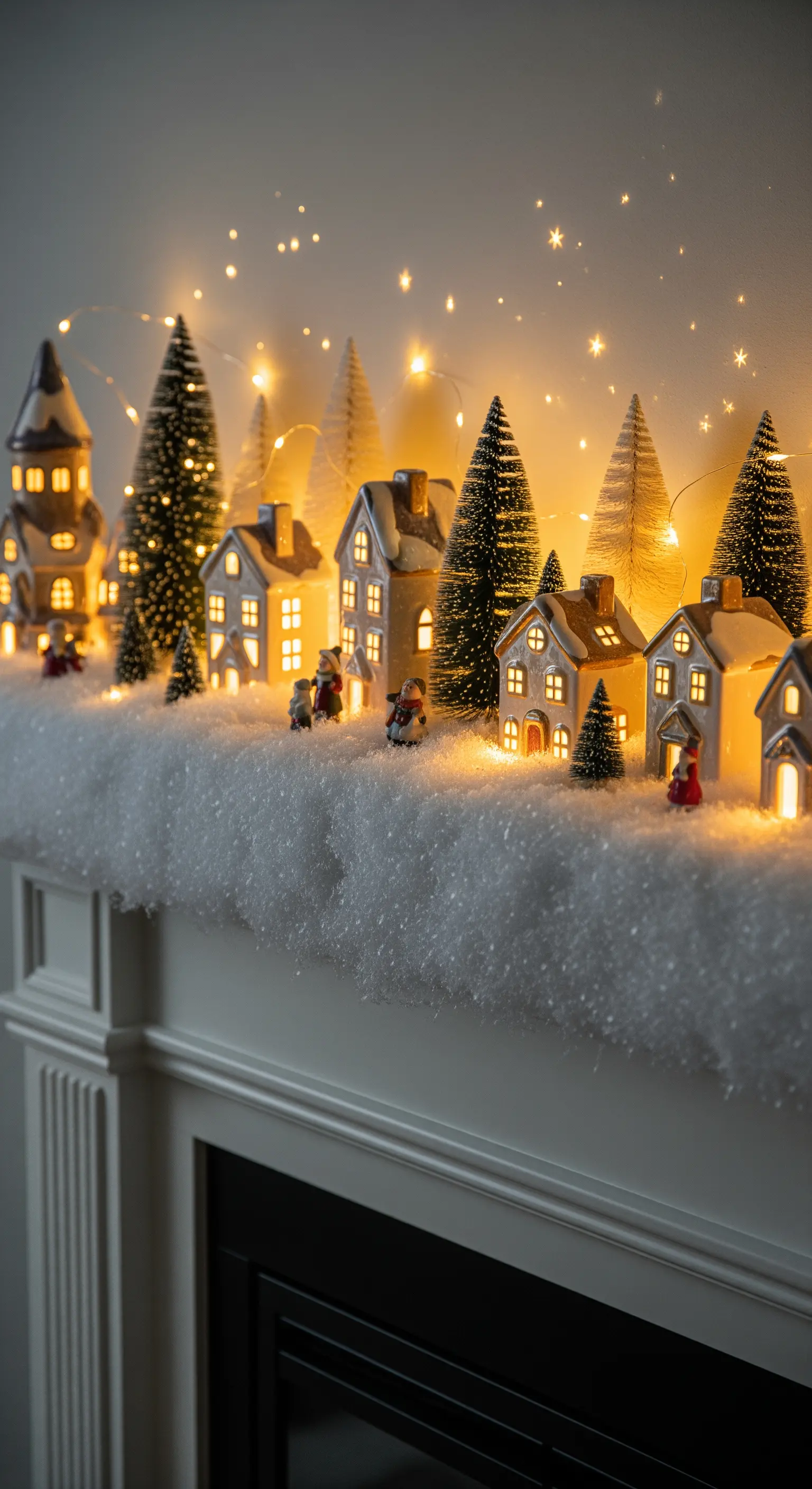 Miniatur-Winterdorf mit leuchtenden Häusern und Kunstschnee auf einem Kaminsims.