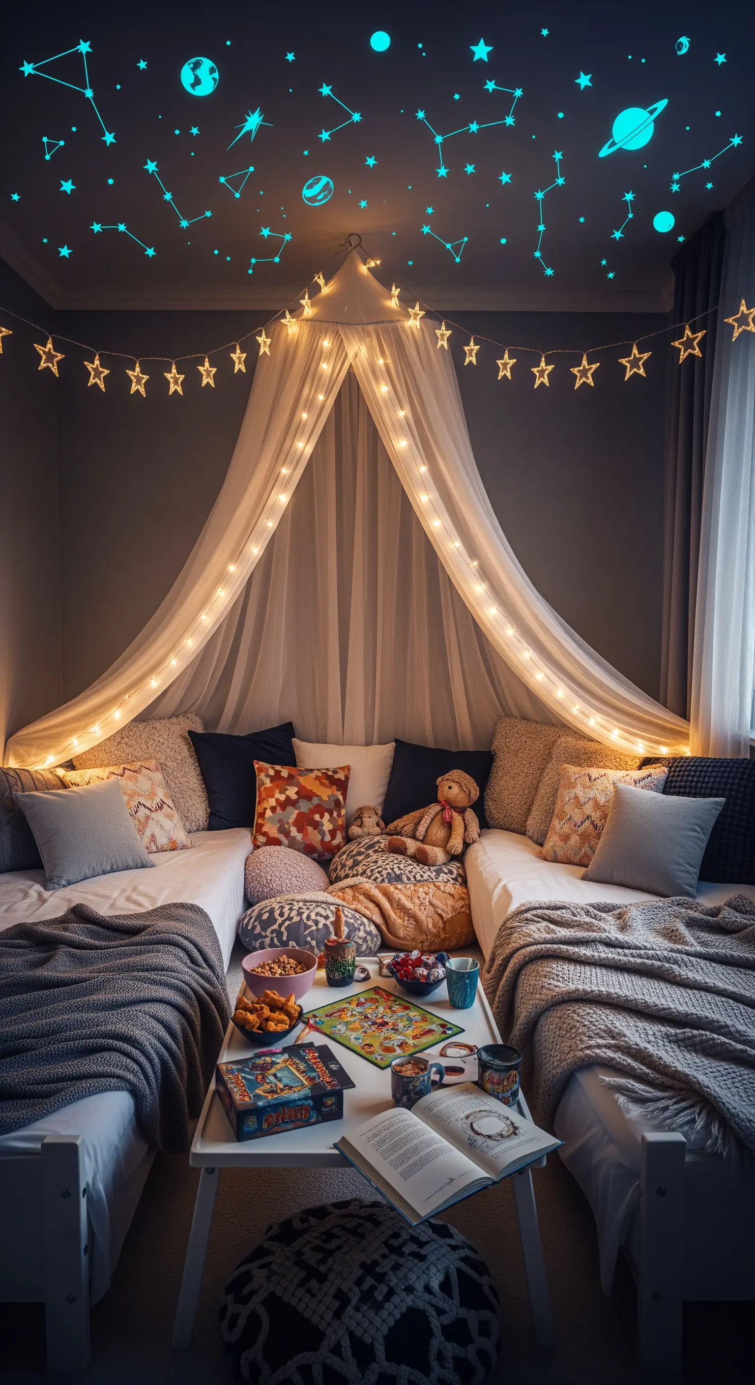 Zwei Betten unter einem großen Tüll-Himmel mit Lichterketten und Sternen an der Decke