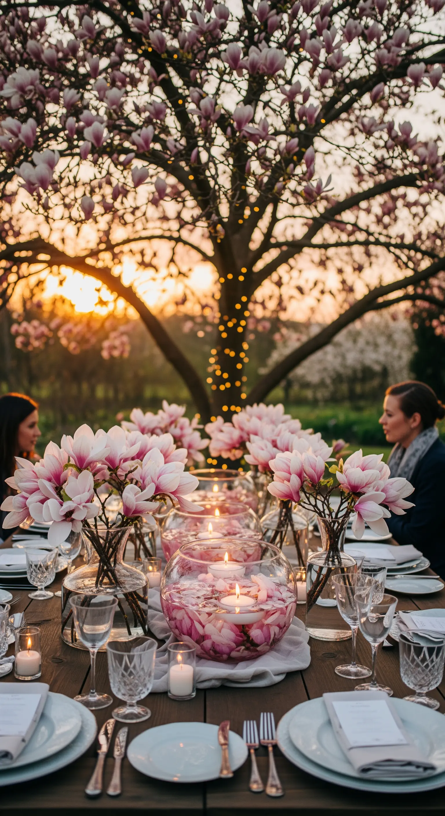 Magnolienblüten und schwimmende Kerzen auf Holztisch unter beleuchtetem Baum