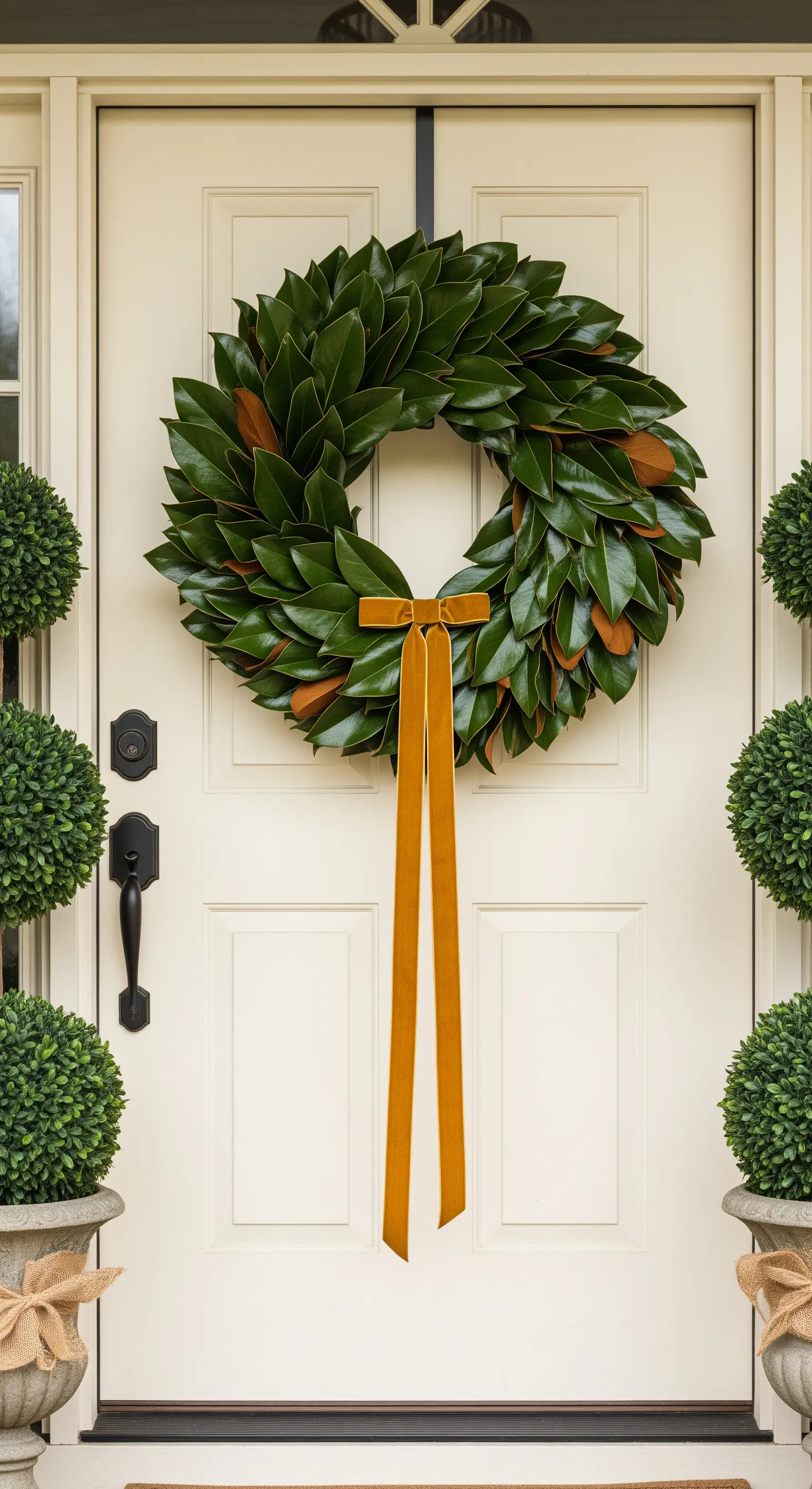 Cremefarbene Tür mit Magnolienblatt-Kranz und senfgelbem Samtband