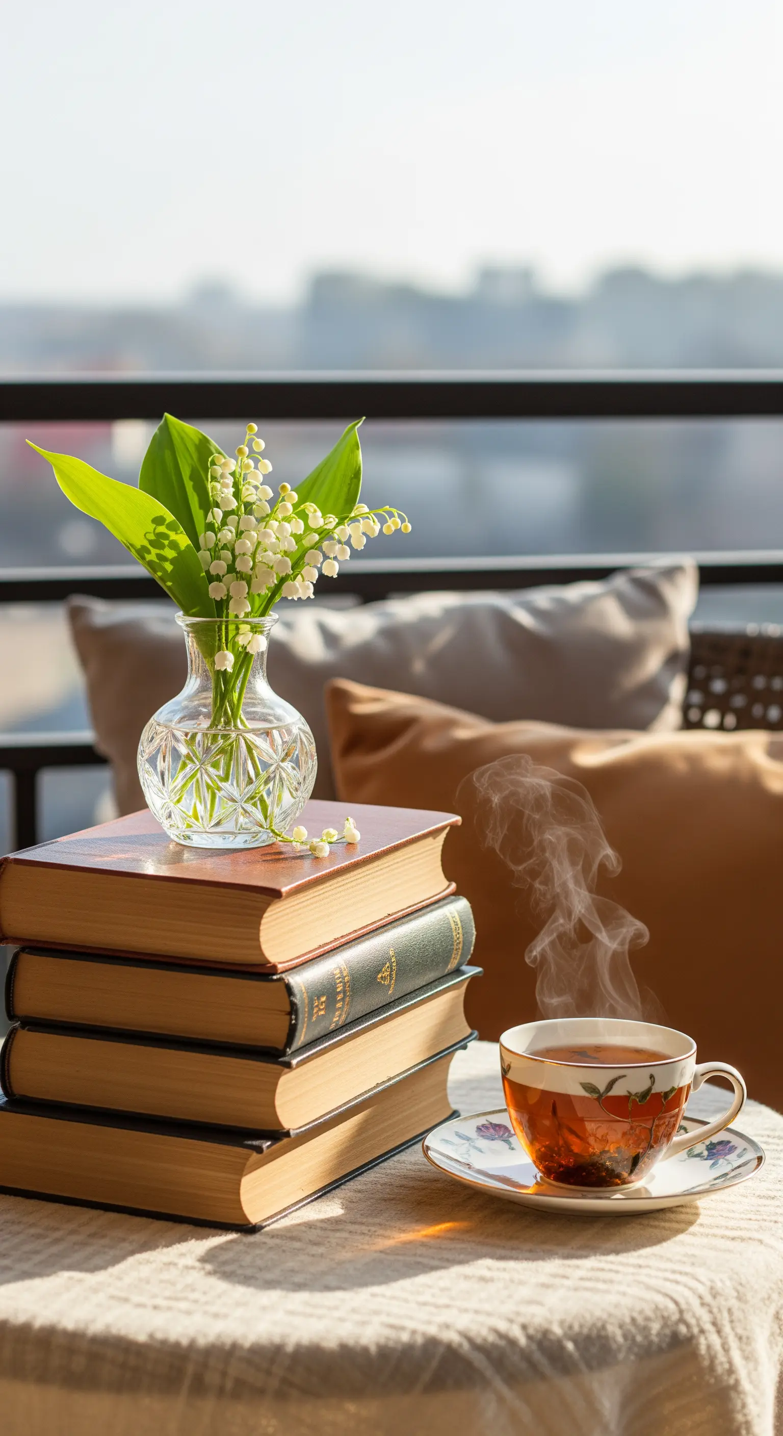 Maiglöckchen auf einem Buchstapel auf dem Balkon
