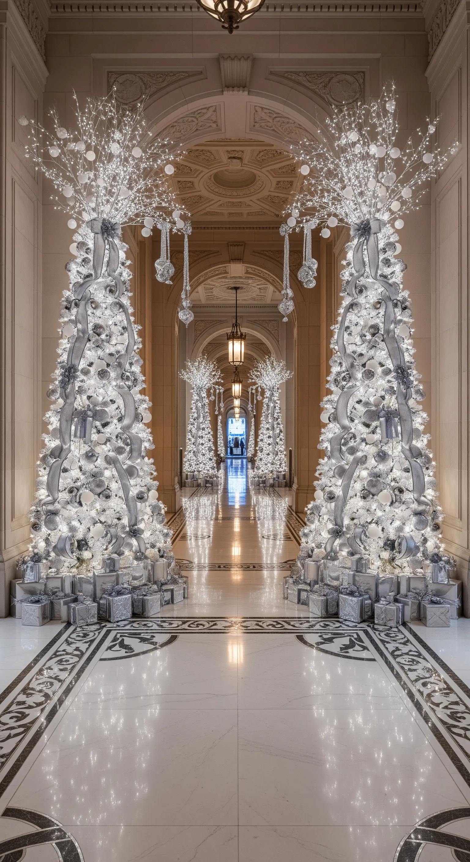 Reihe von hohen, weiß beflockten Weihnachtsbäumen mit silberner Deko in einem Flur.