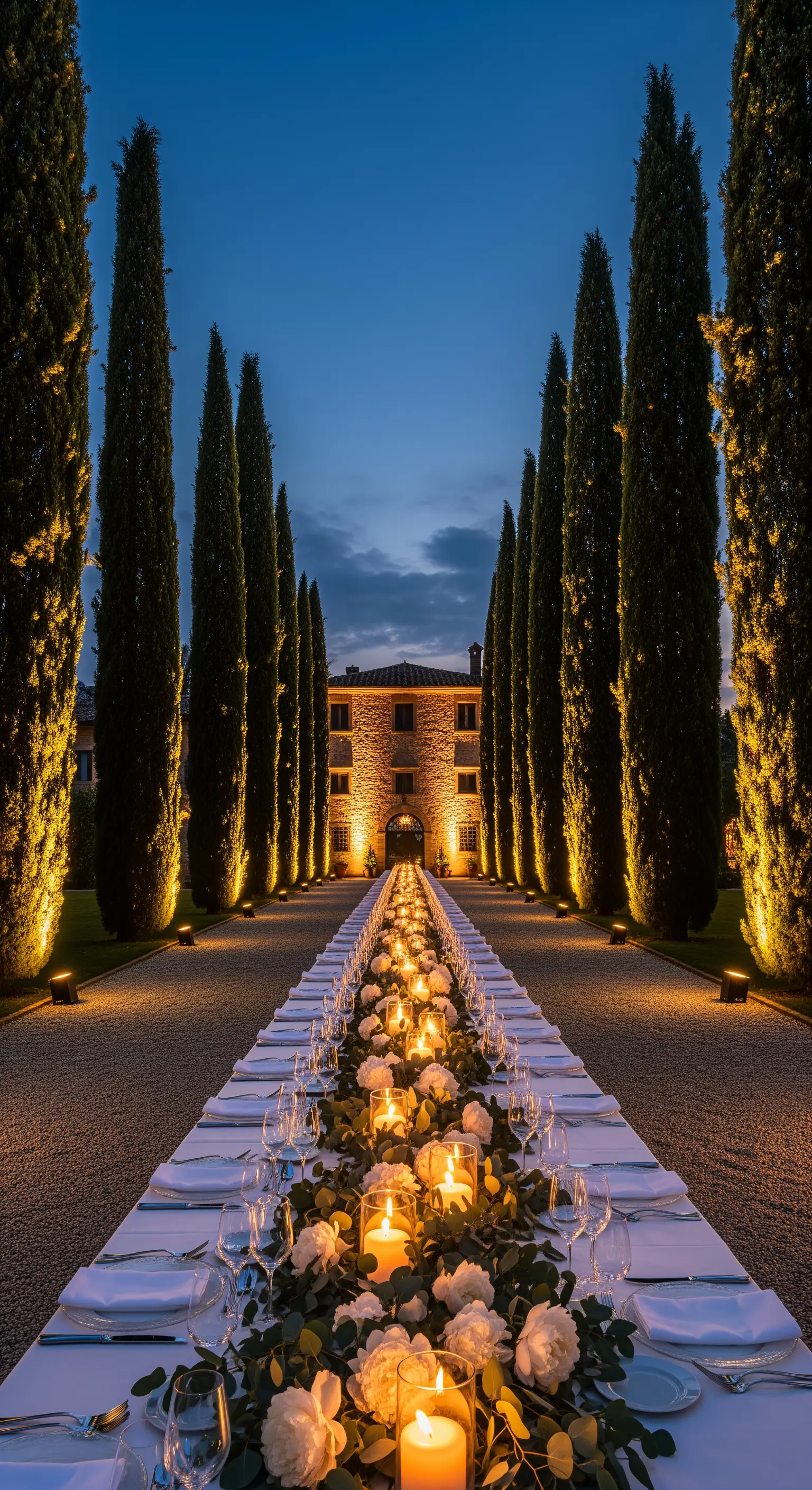 Lange Tafel in Zypressenallee mit Kerzen, weißen Blumen und abendlicher Beleuchtung