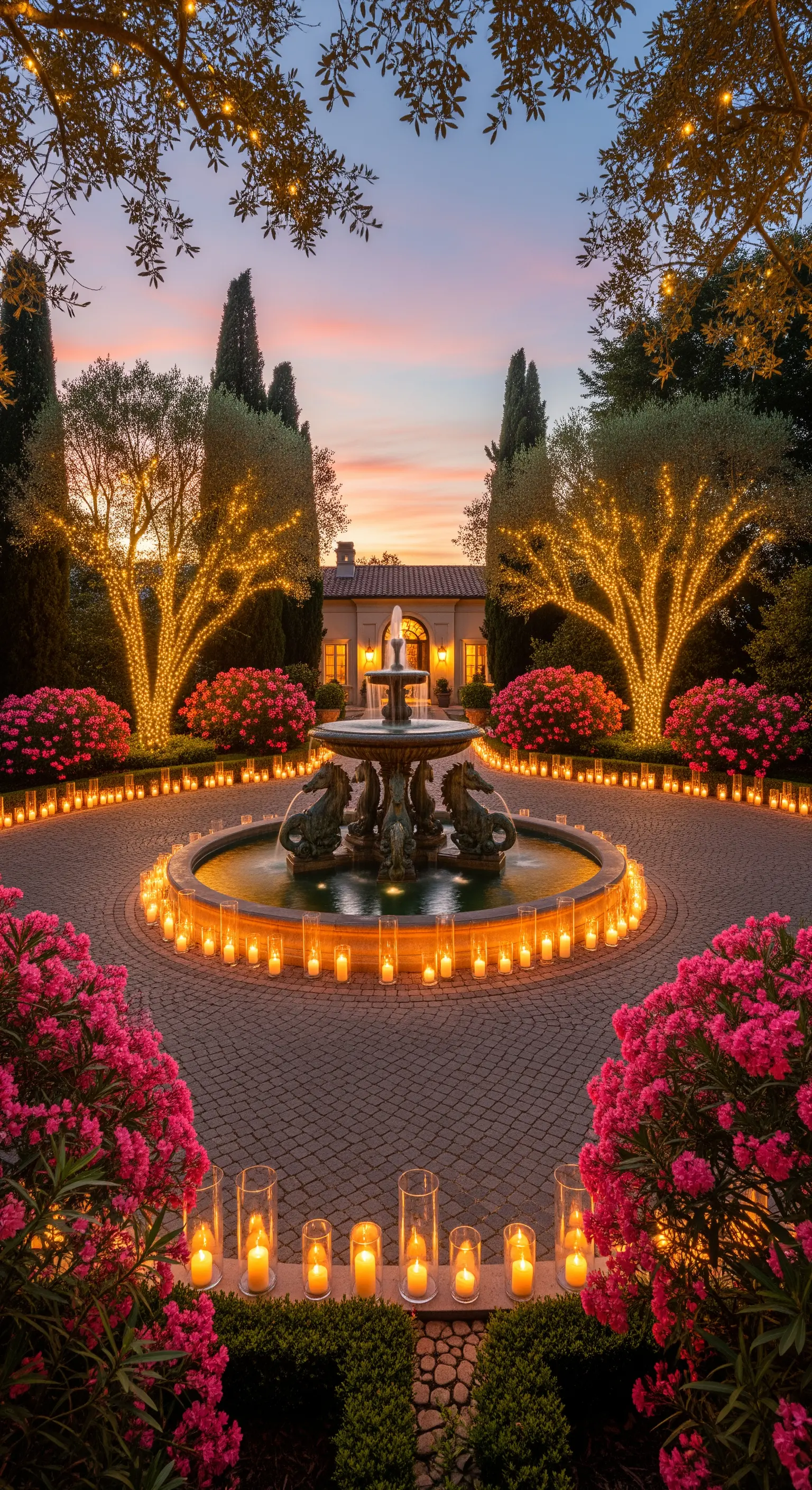Kreisförmige Auffahrt mit beleuchtetem Brunnen, Lichterbäumen, Kerzen und pinken Blüten