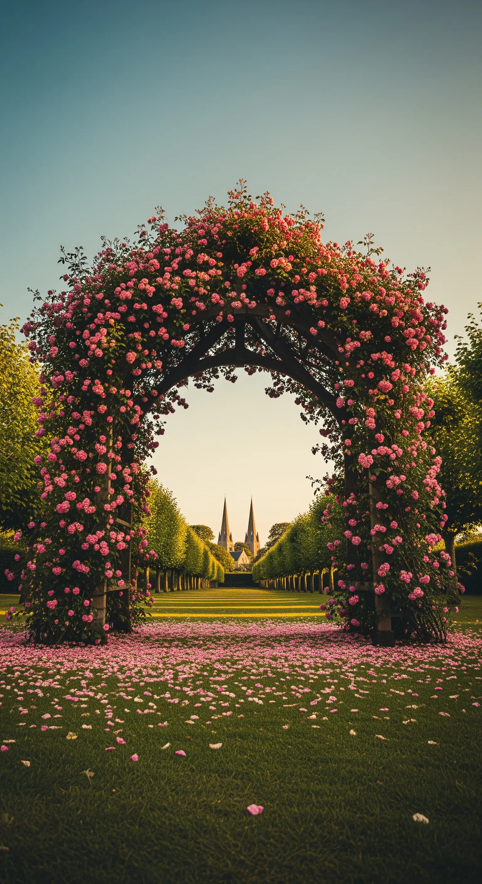Mehrere mit rosa Kletterrosen bewachsene Holzbögen bilden eine Allee, die auf Kirchtürme in der Ferne zuläuft.