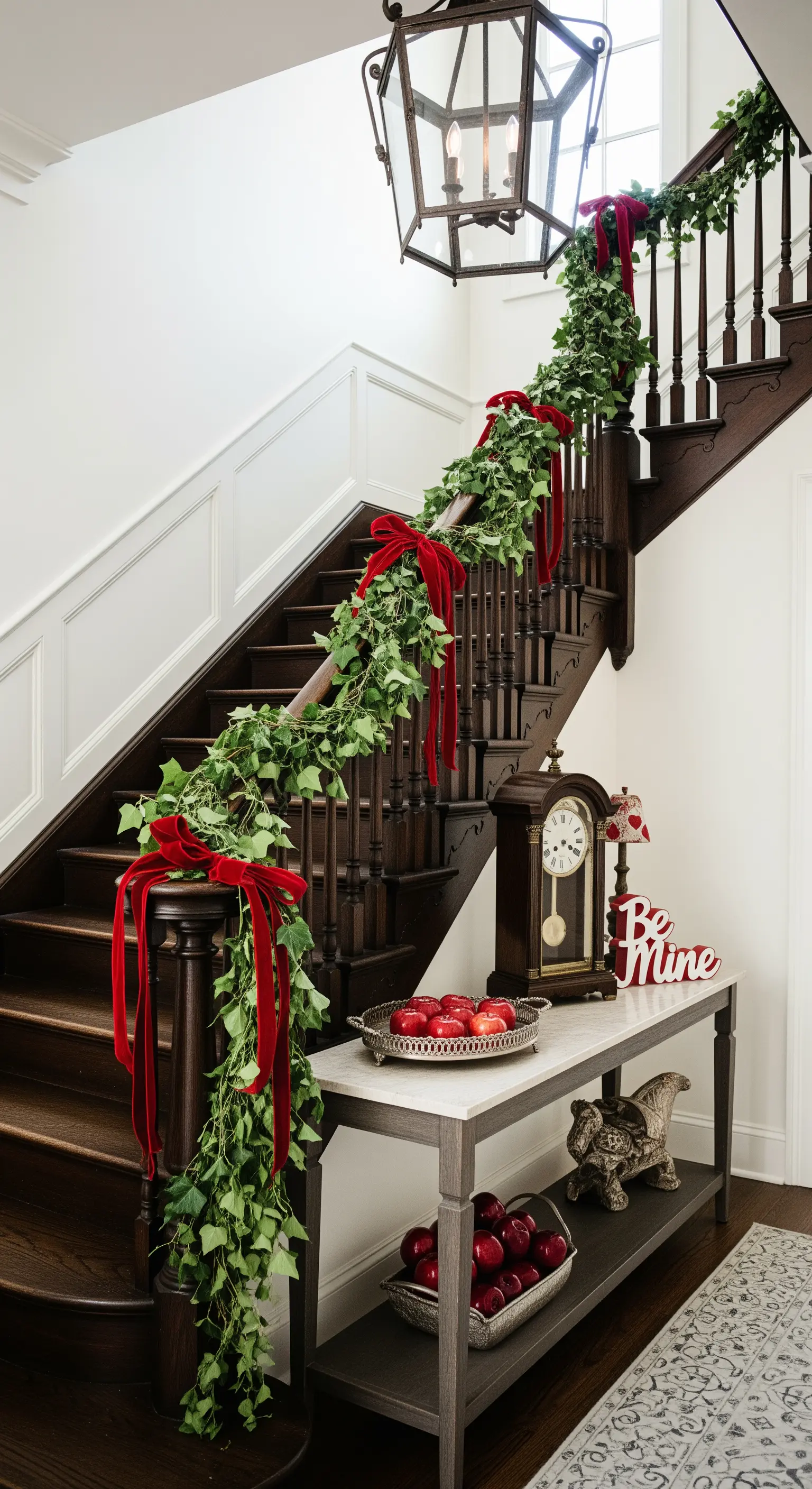 Treppendeko, Efeugirlande, rote Schleifen, Konsolentisch, Vintage Uhr, rote Äpfel