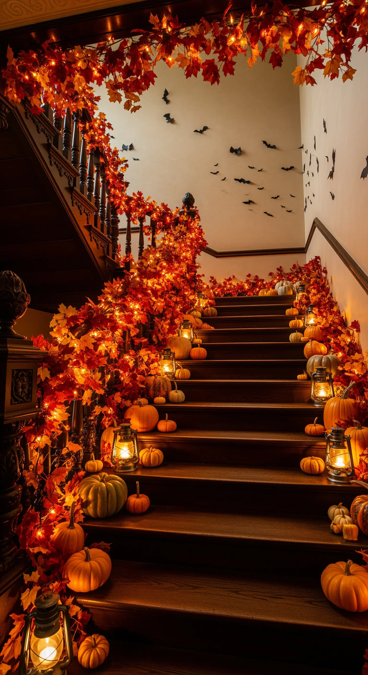 Opulentes Halloween Treppenhaus mit beleuchteten Herbstblättern, Kürbissen und Laternen