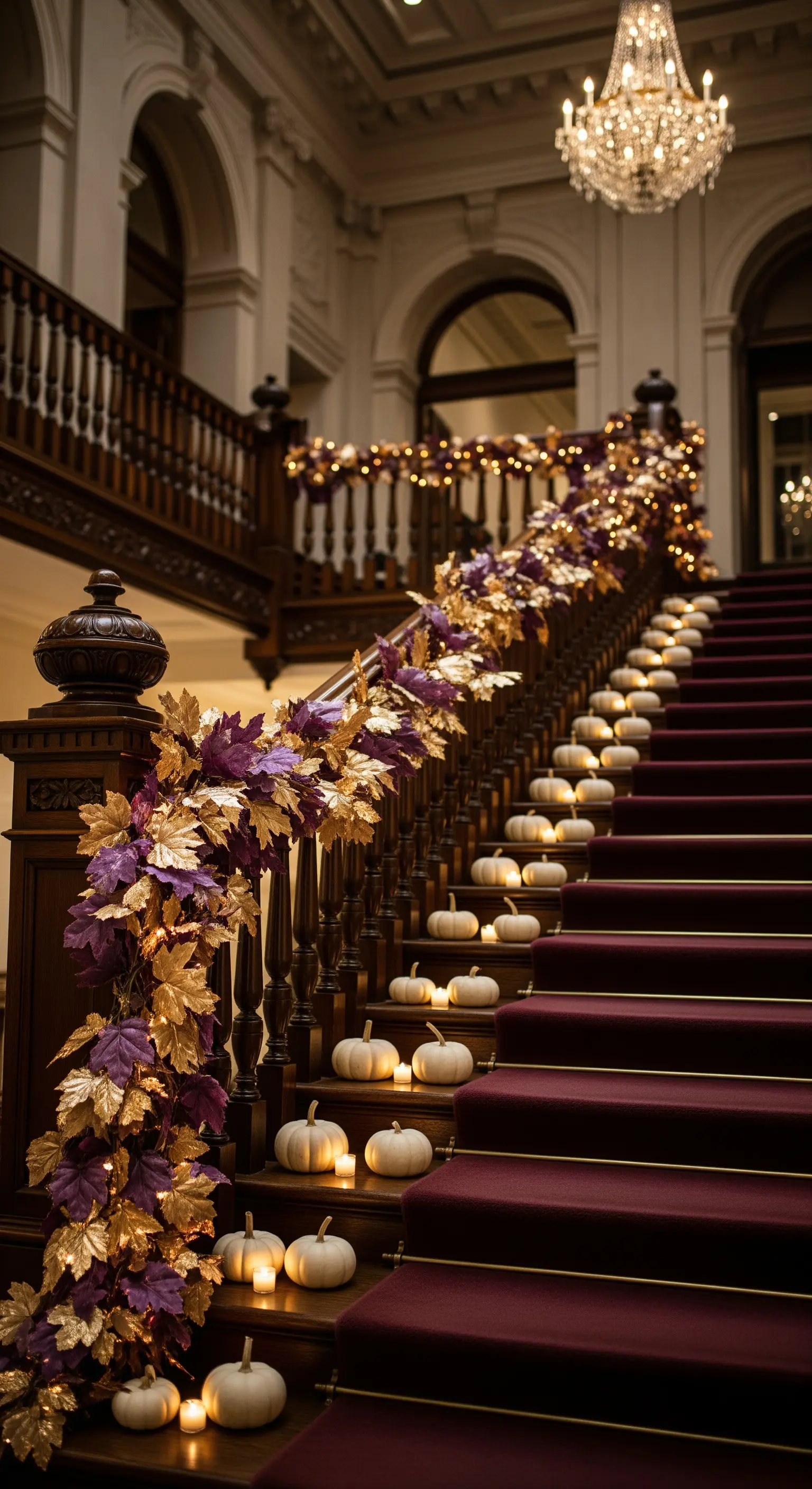 Große Treppe mit weißen Kürbissen, Teelichtern und leuchtenden Blattgirlanden.