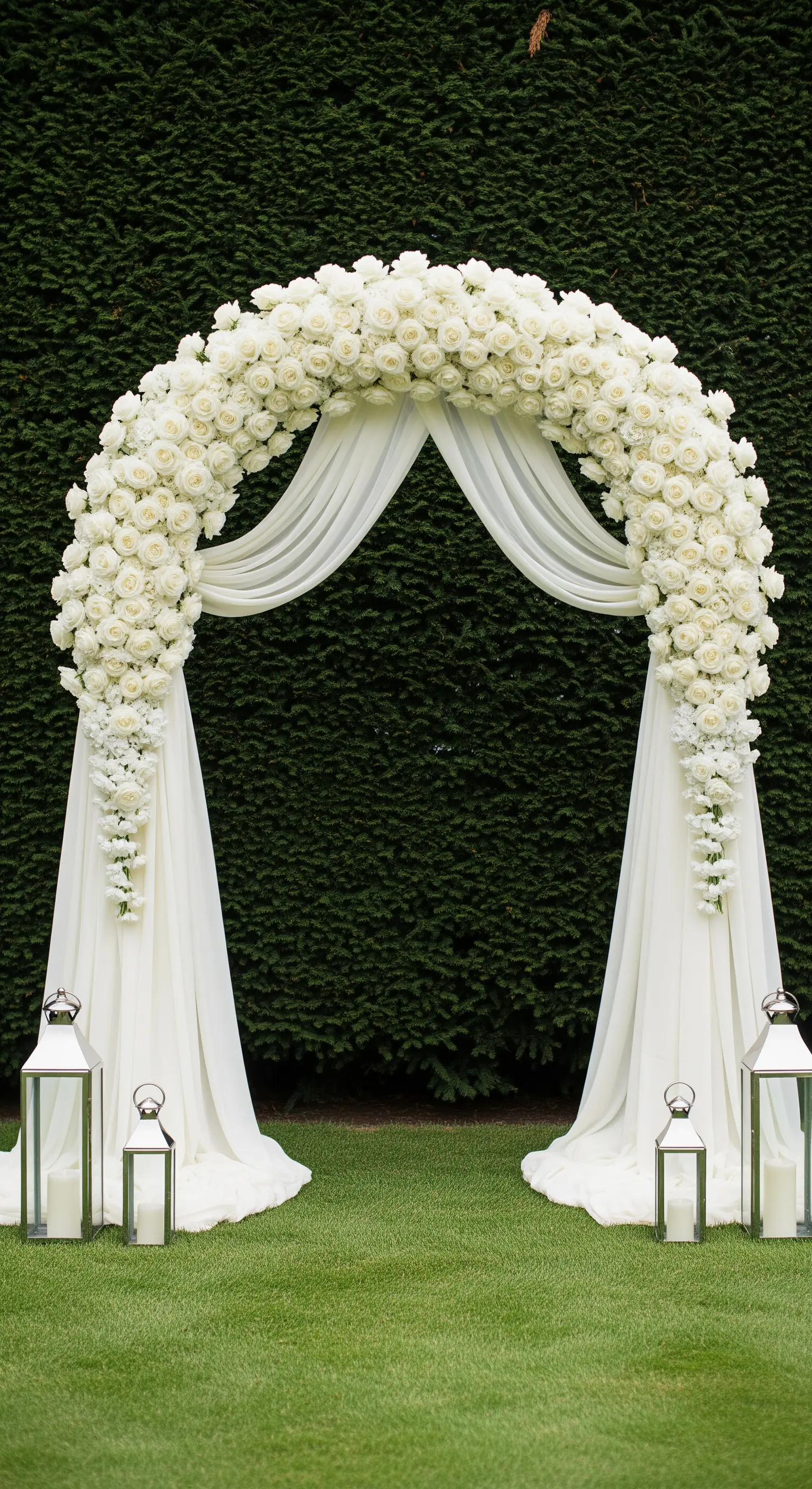 Majestätischer Bogen aus weißen Rosen mit herabhängenden Chiffonbahnen, flankiert von silbernen Laternen.