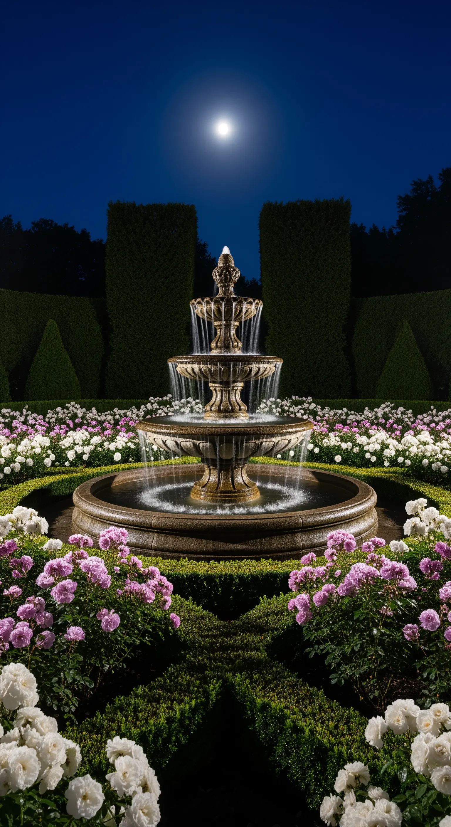 Mehrstufiger Brunnen umgeben von weißen und pinken Rosen und Hecken.