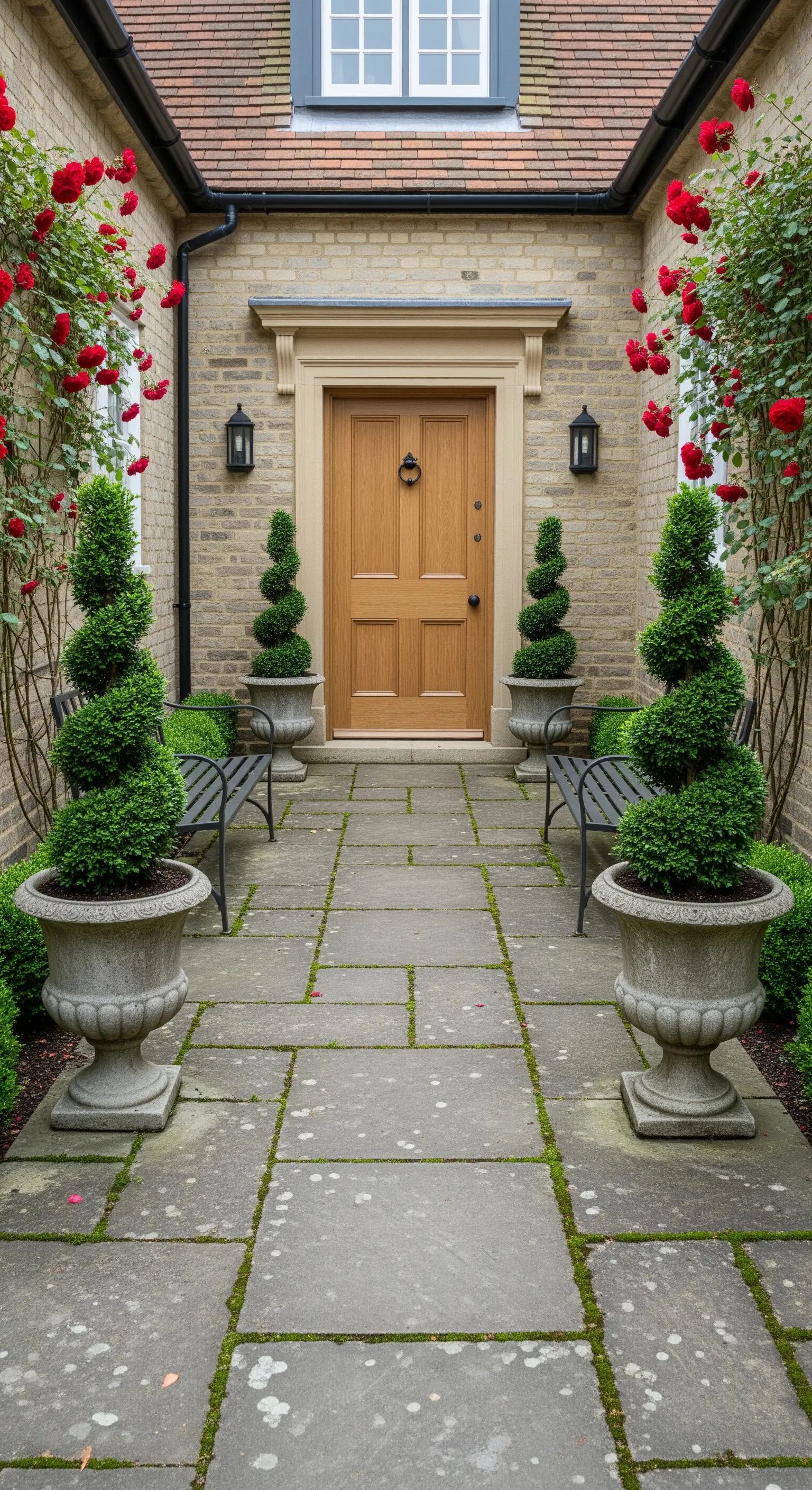 Eingang mit spiralförmigen Buchsbäumen, roten Kletterrosen und Steinweg