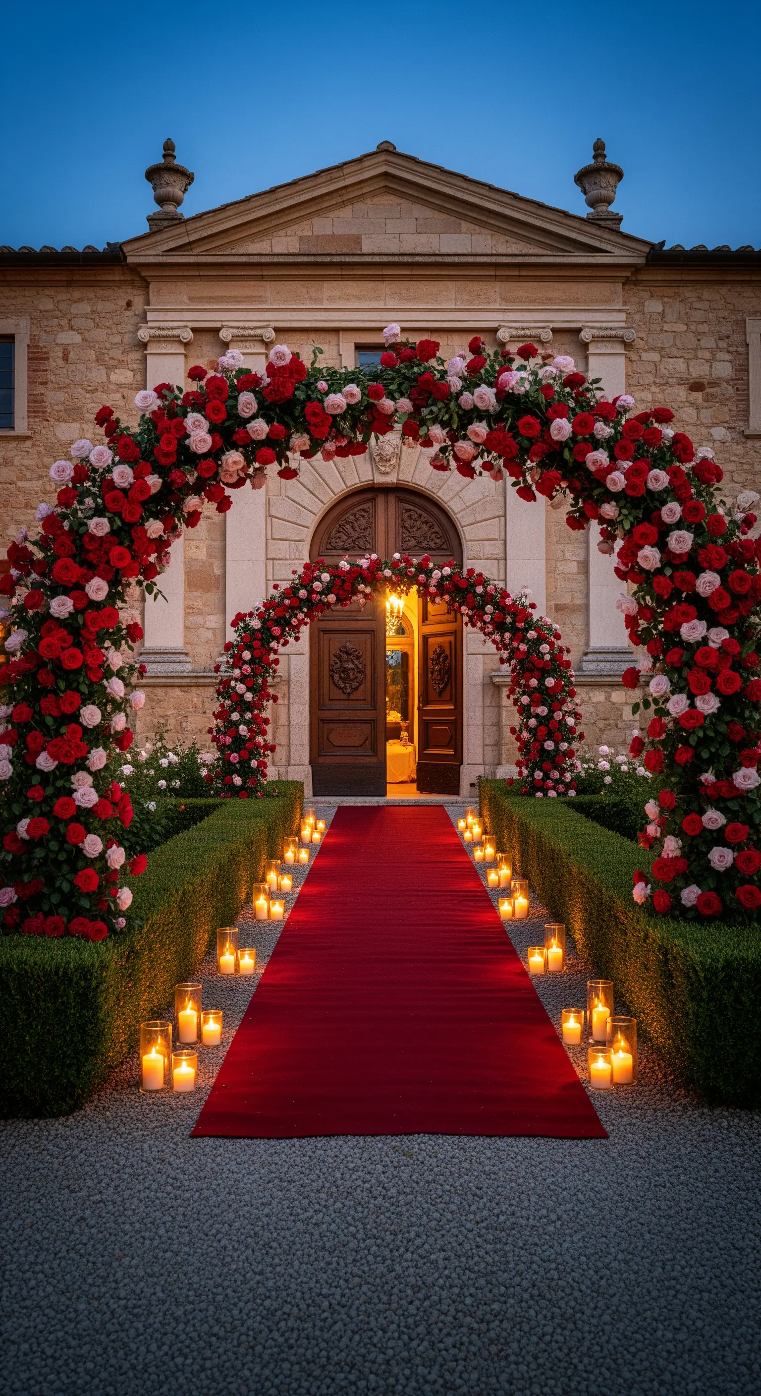 Eingang mit rotem Teppich, Rosenbögen in Rot, Rosa, Cremefarben und Kerzenlichtern