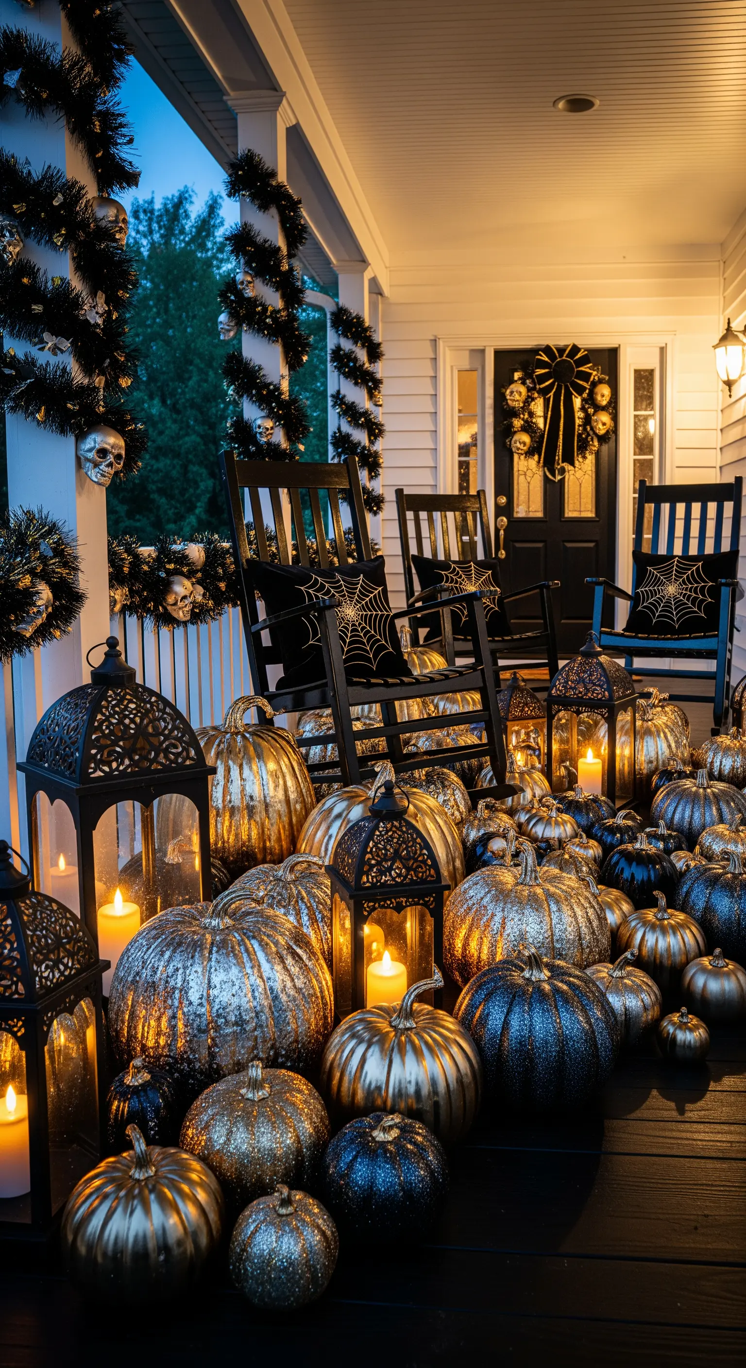 Veranda mit glitzernden Kürbissen, goldenen Laternen und schwarzer Girlande