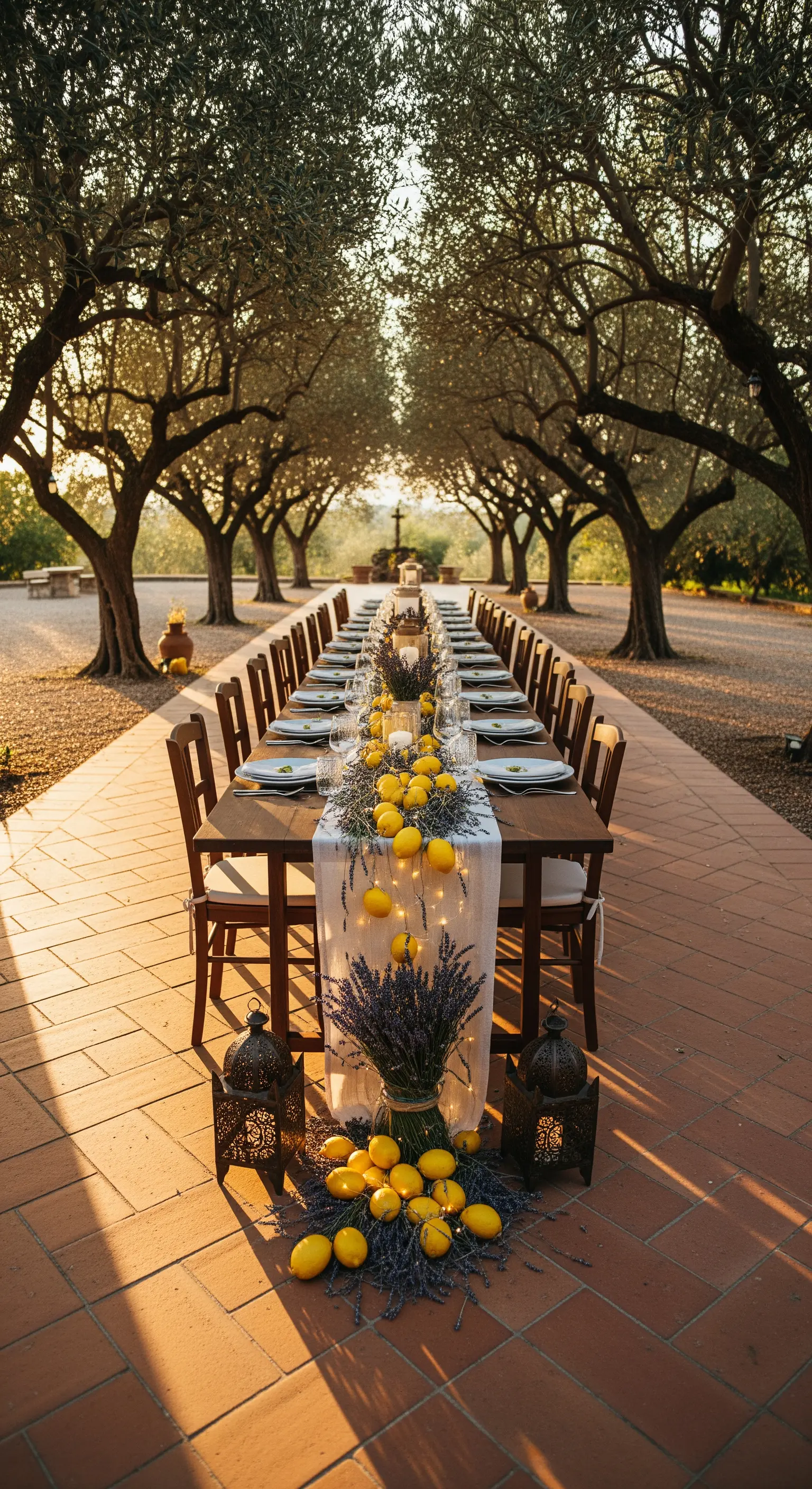 Lange Tafel unter Olivenbäumen mit Zitronen, Lavendel und Laternen am Boden