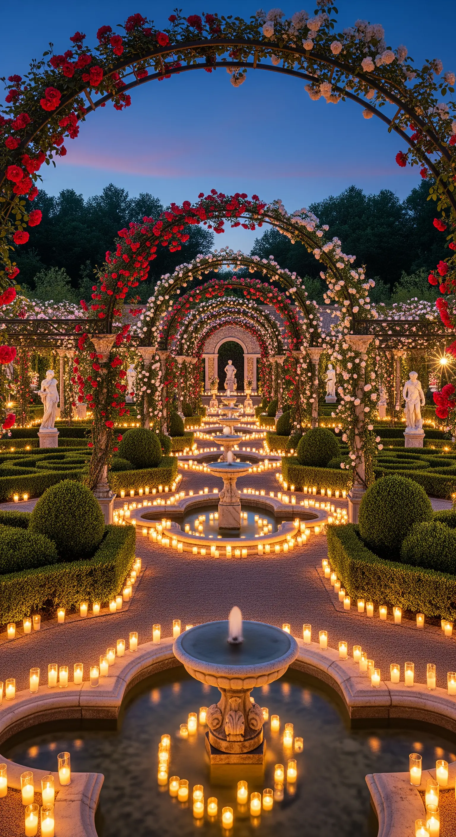 Italienischer Garten mit vielen Rosenbögen, Brunnen und Kerzenlichterwegen bei Nacht