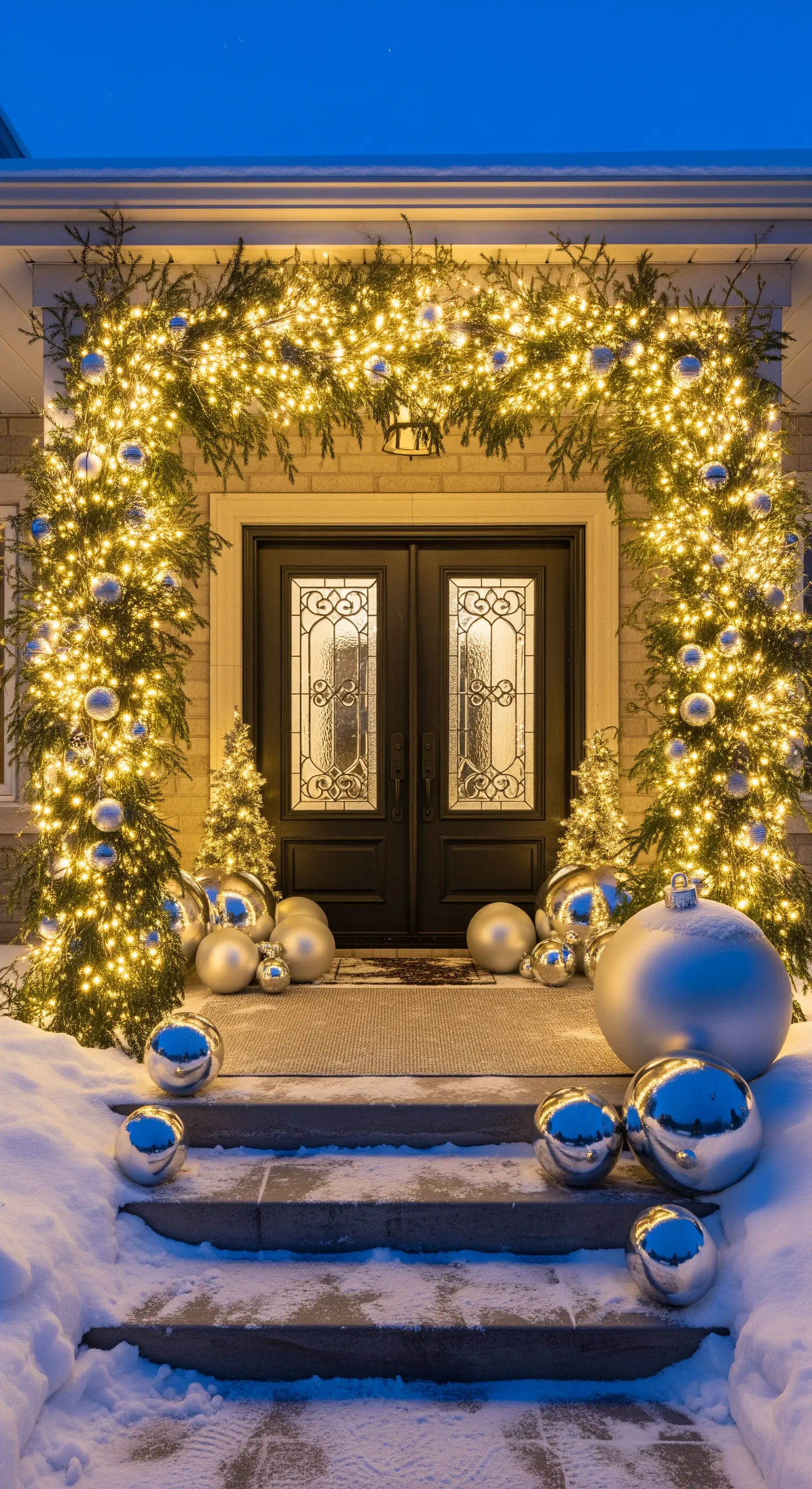 Opulenter Lichterbogen aus Tannengirlanden, warmweiße Lichterketten und silberne Kugeln am Eingang.