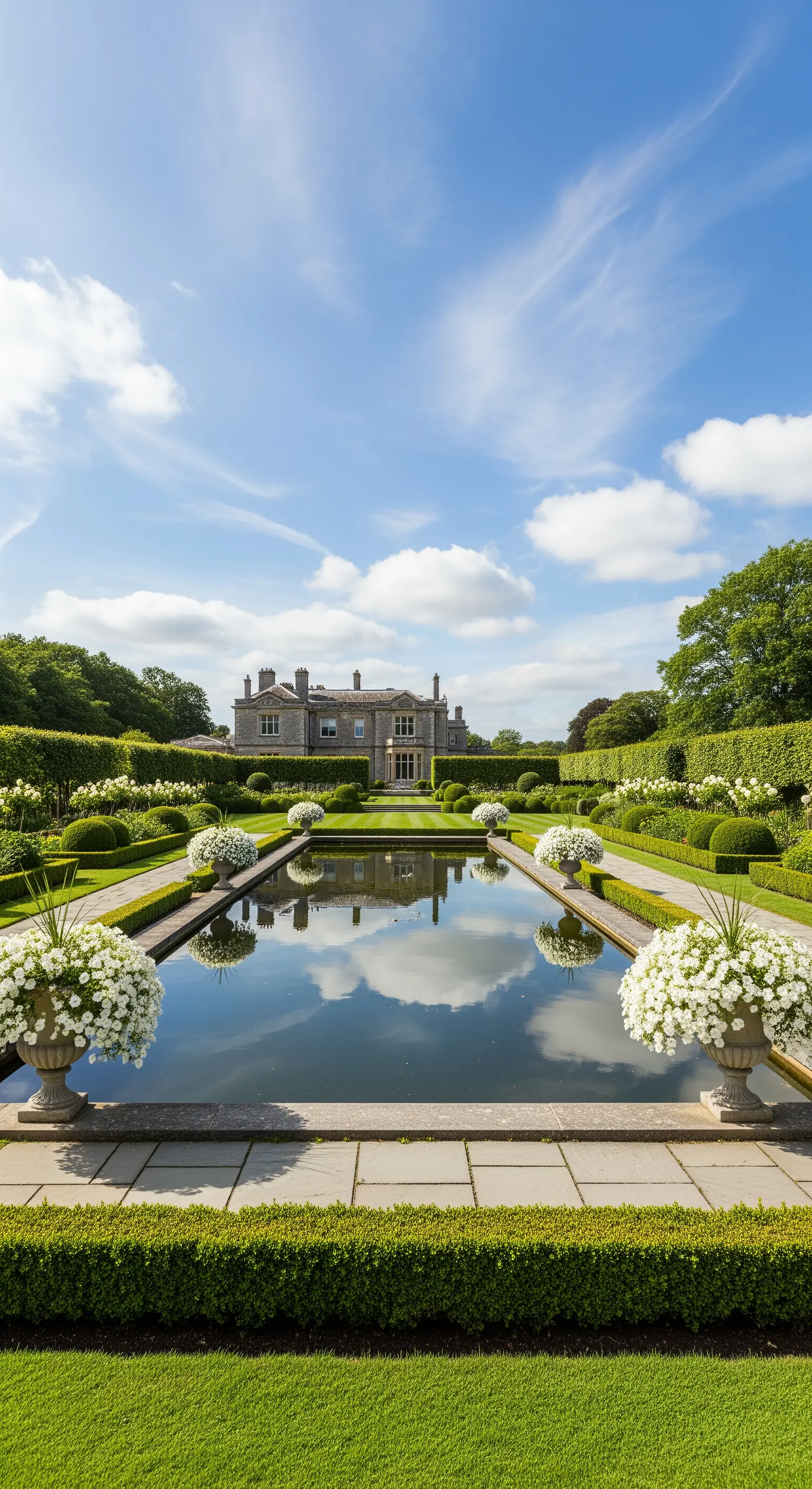Großer rechteckiger Spiegelteich in formalem Garten mit Buchsbaum und weißen Blüten