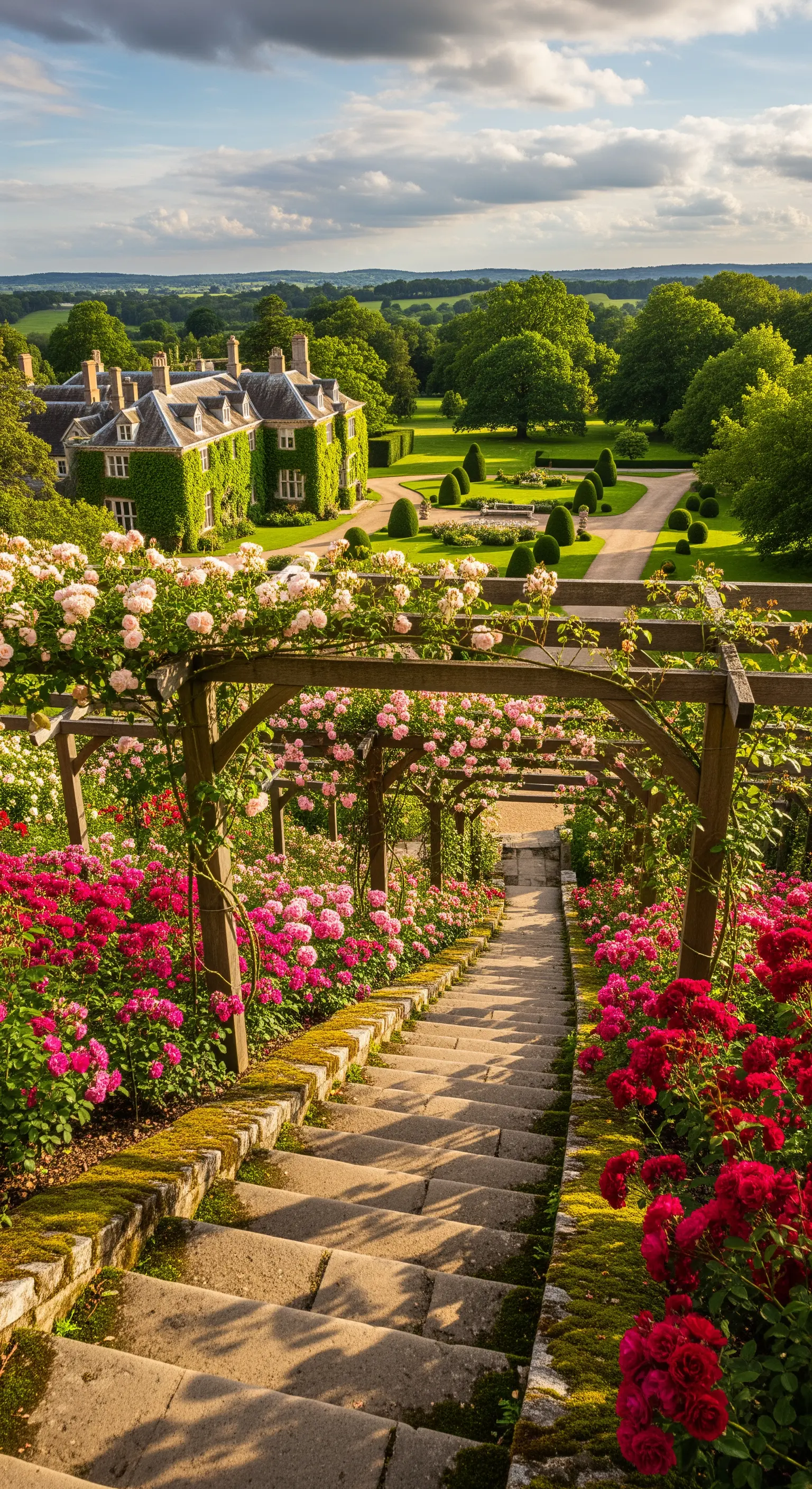 Breite Holzpergola mit rosa und roten Kletterrosen über einem steinernen Treppenaufgang