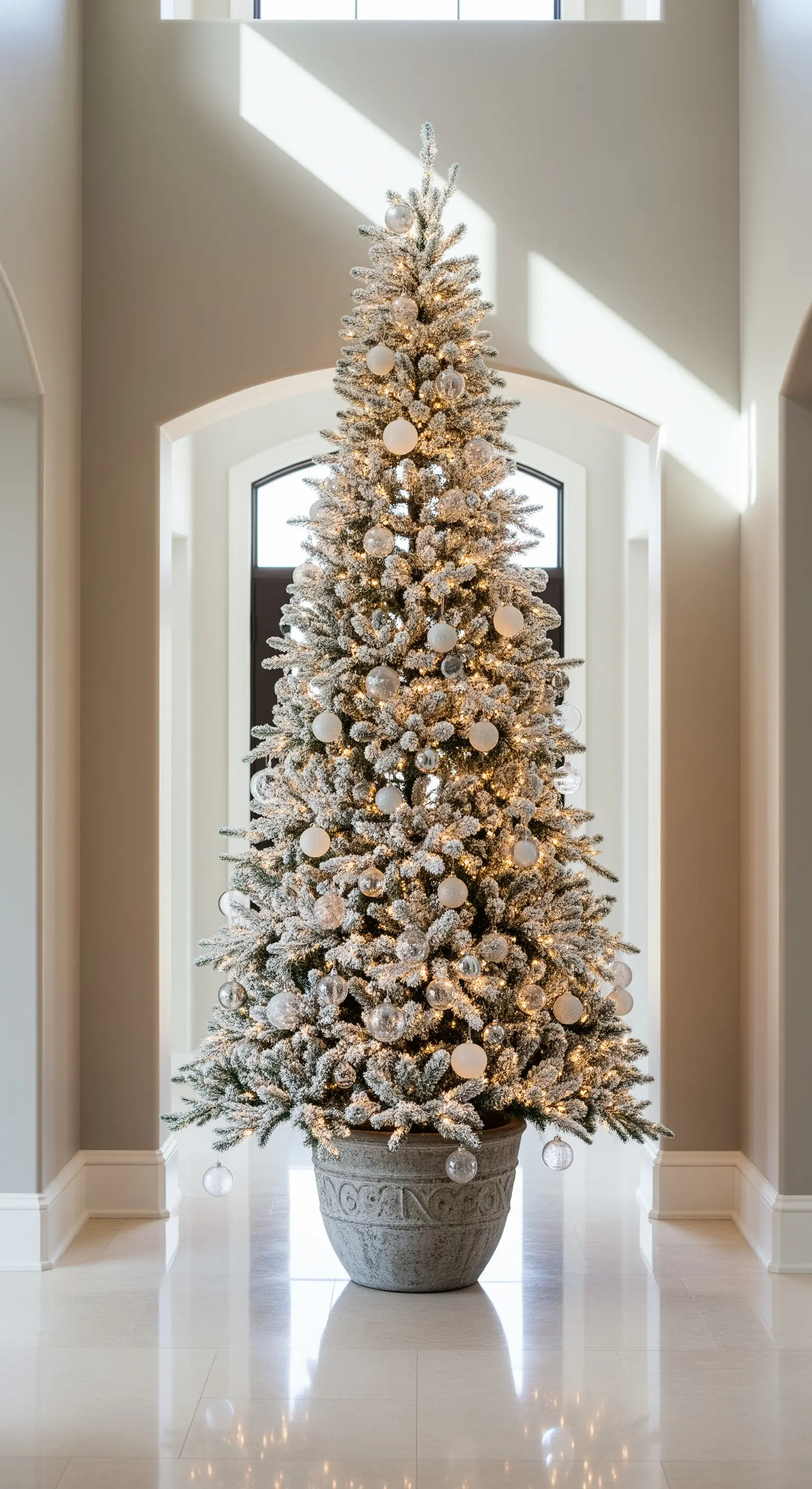 Großer, beflockter Weihnachtsbaum in neutralen Farben im Flur.
