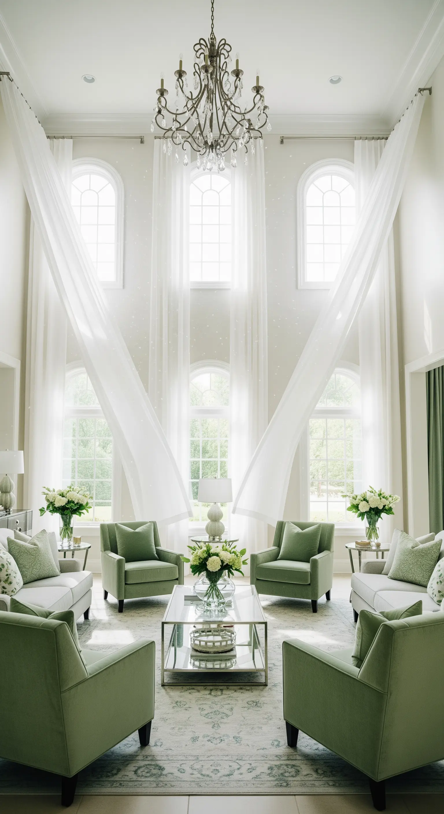 Hoher Wohnbereich mit weißen, luftigen Vorhängen, grünen Sesseln, Blumen