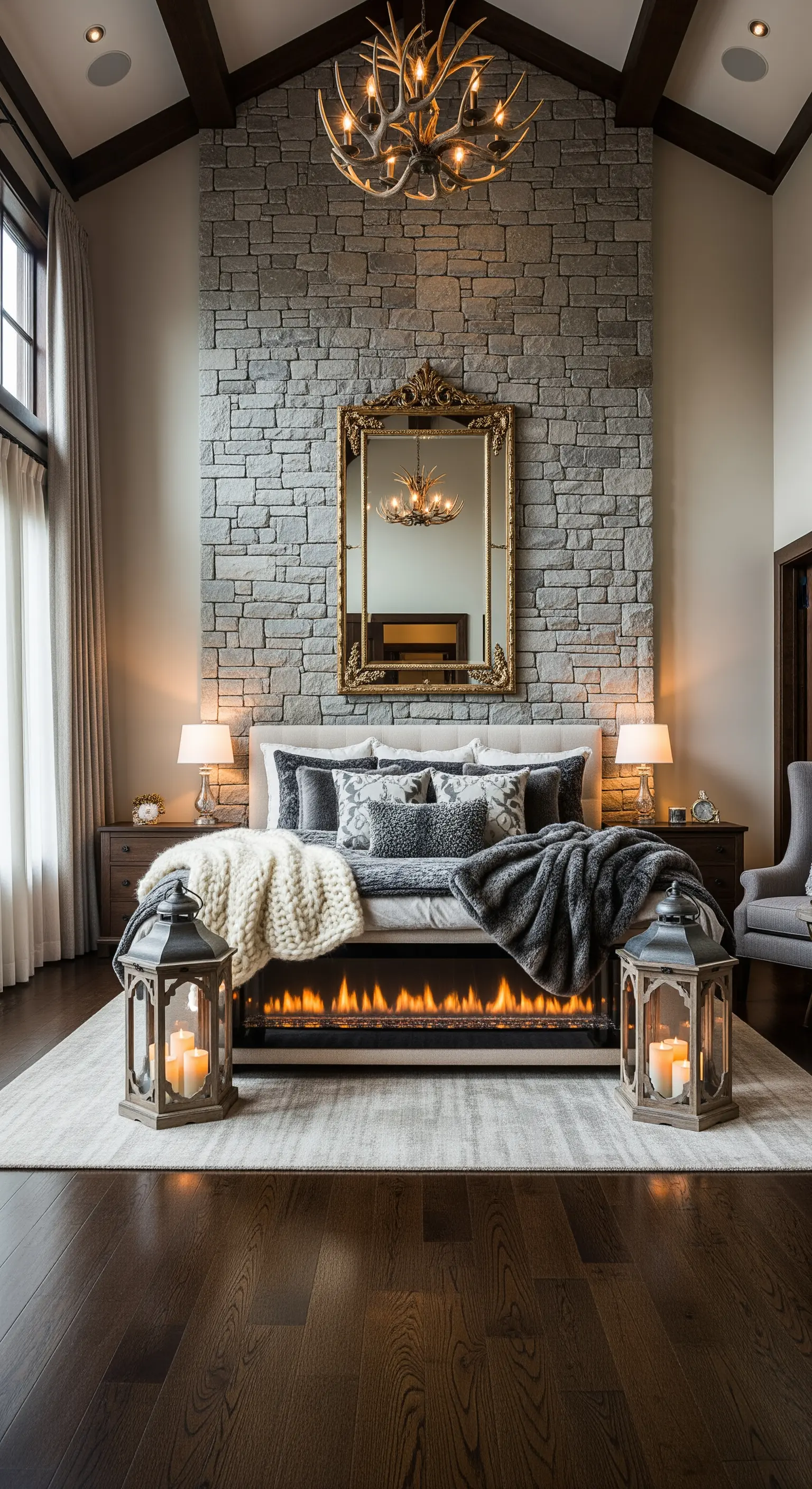 Schlafzimmer mit Steinwand, goldenem Spiegel, Kamin, Laternen und luxuriösem Bett