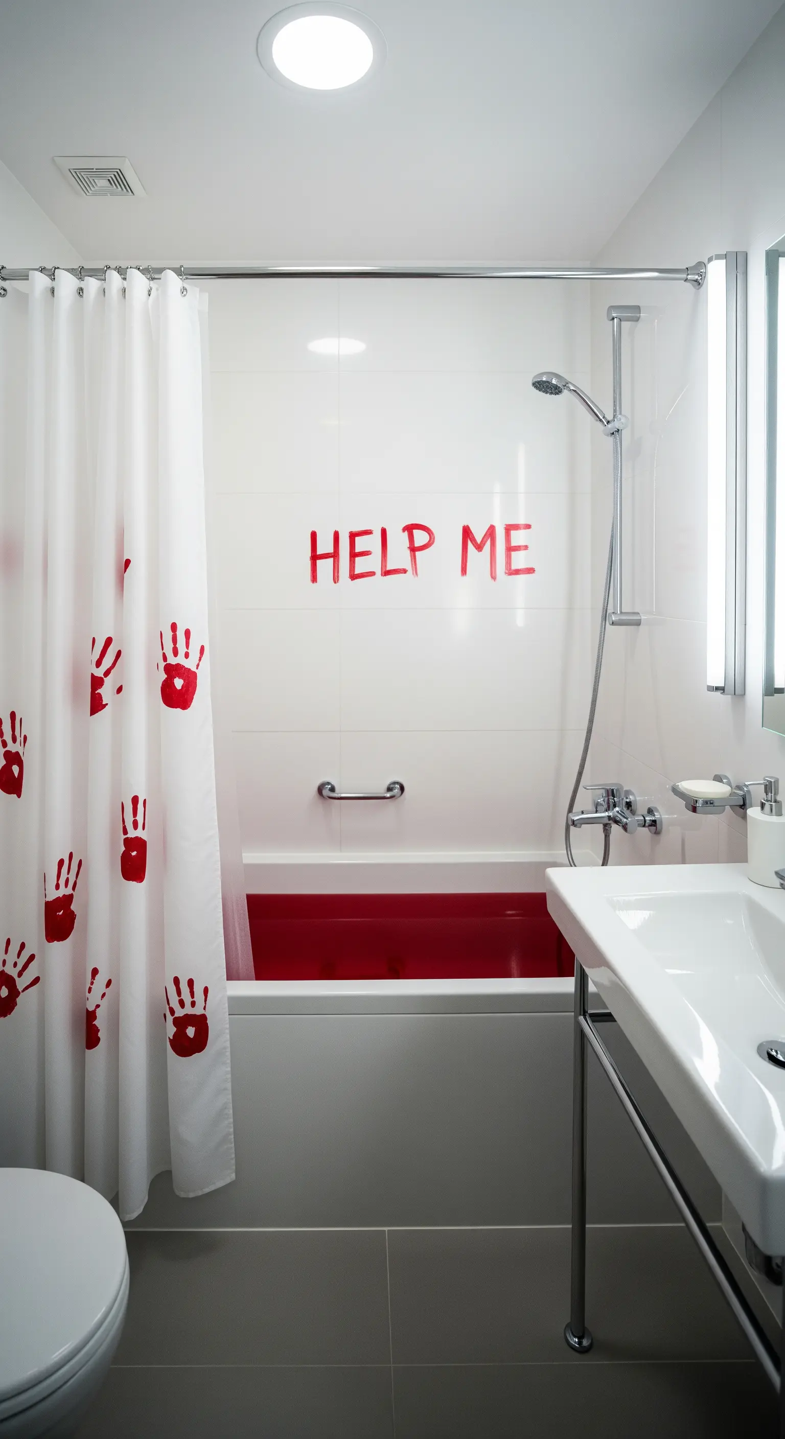 Badezimmer mit blutigem Duschvorhang, roter Badewanne und 'Help Me'-Schriftzug
