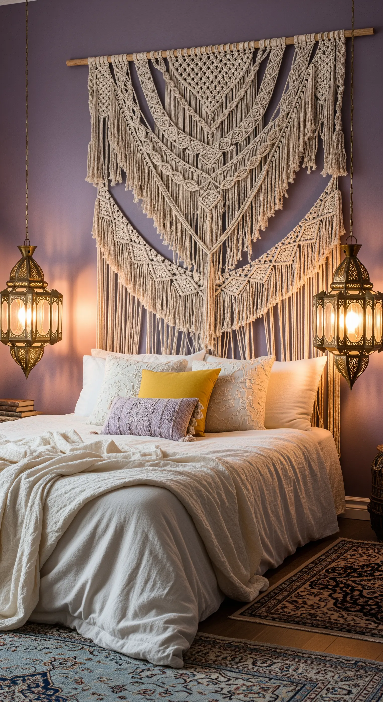 Boho-Schlafzimmer mit großem Makramee-Wandbehang als Kopfteil und orientalischen Lampen.