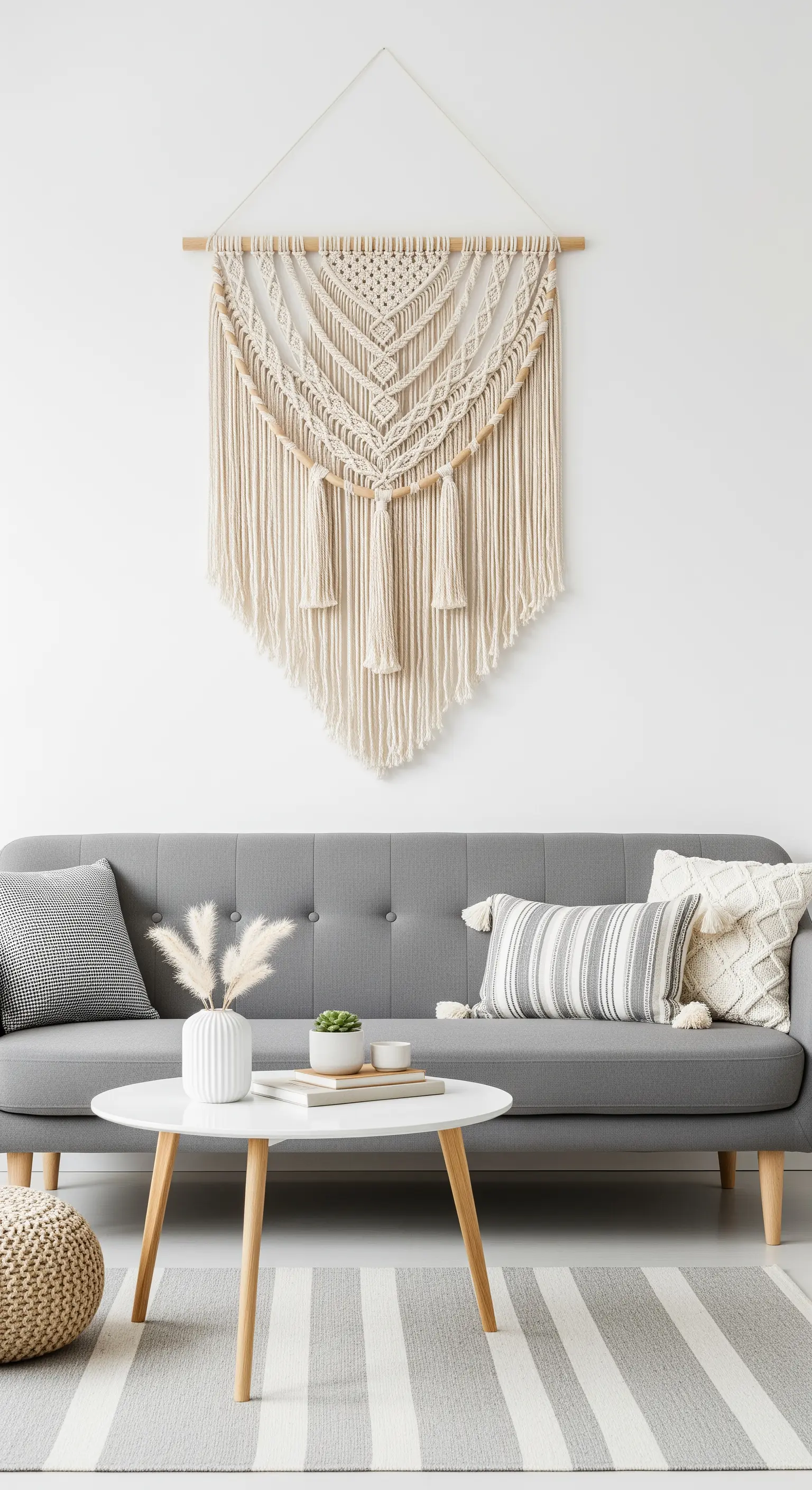 Graues Sofa in einem hellen Wohnzimmer mit einem großen Makramee-Wandbehang darüber.