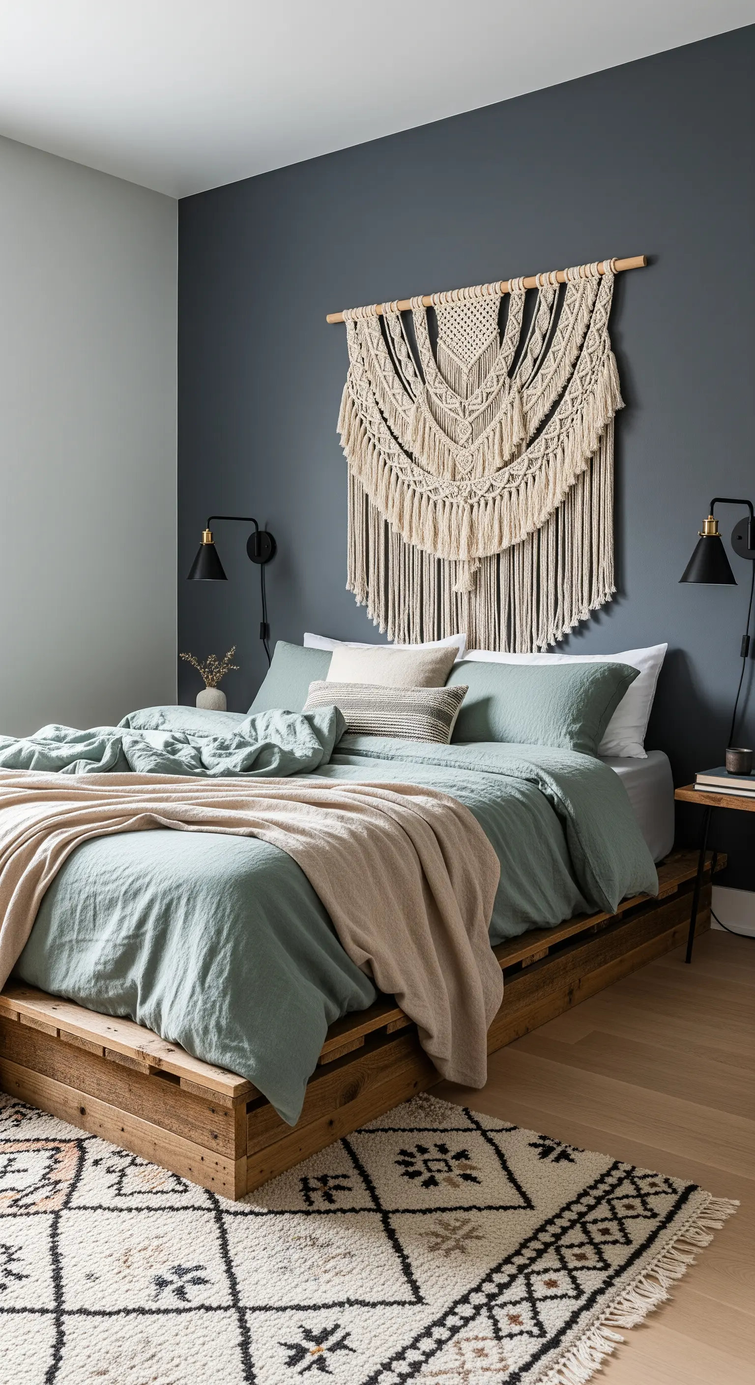 Großes Makramee-Kunstwerk als Kopfteil-Alternative vor einer dunkelgrauen Schlafzimmerwand.