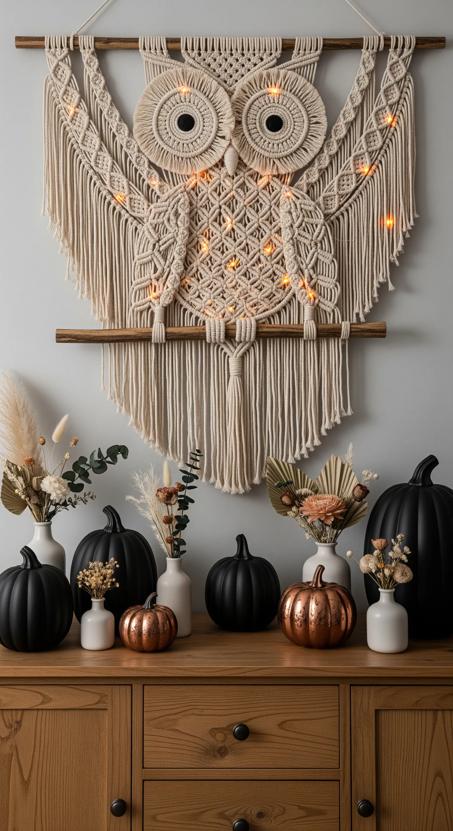 Makramee-Eule mit Lichterkette, schwarzen und kupfernen Kürbissen auf Kommode
