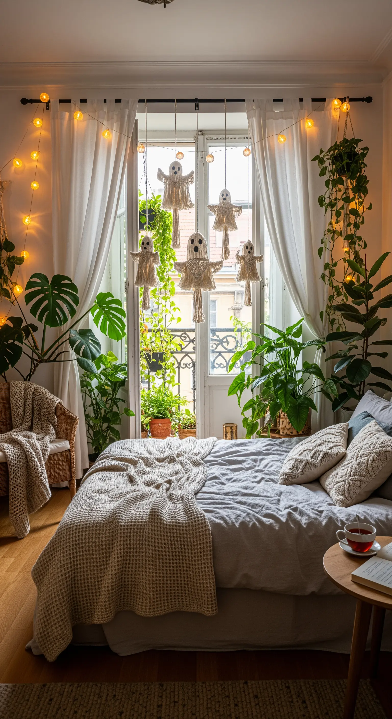 Schlafzimmer mit Makramee-Geistern am Fenster, Lichterketten und vielen Grünpflanzen