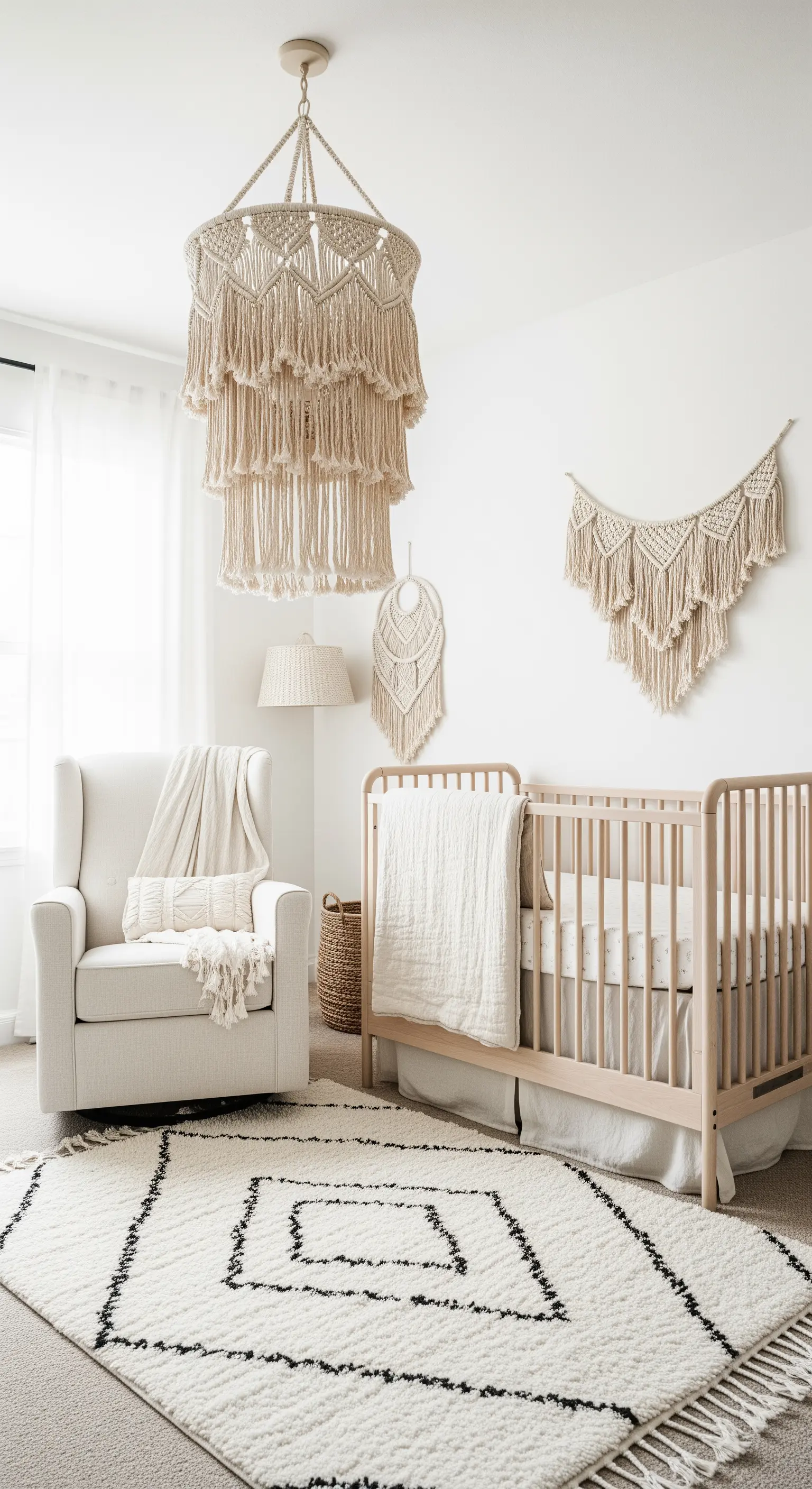 Helles Boho-Kinderzimmer mit einem großen Makramee-Kronleuchter und Wandbehängen.