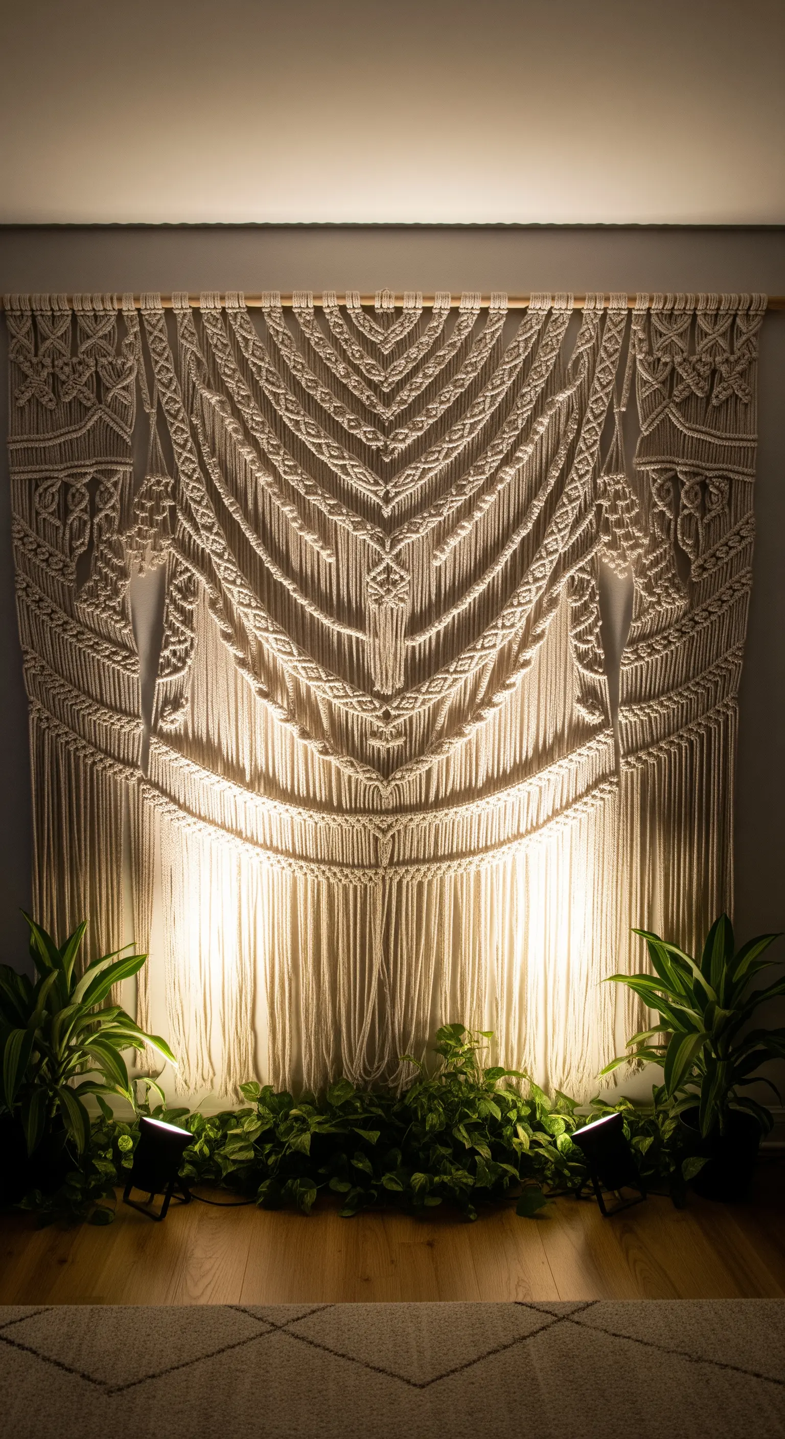 Ein großer Makramee-Wandbehang wird von unten mit zwei Spots angestrahlt, um seine Textur zu betonen.