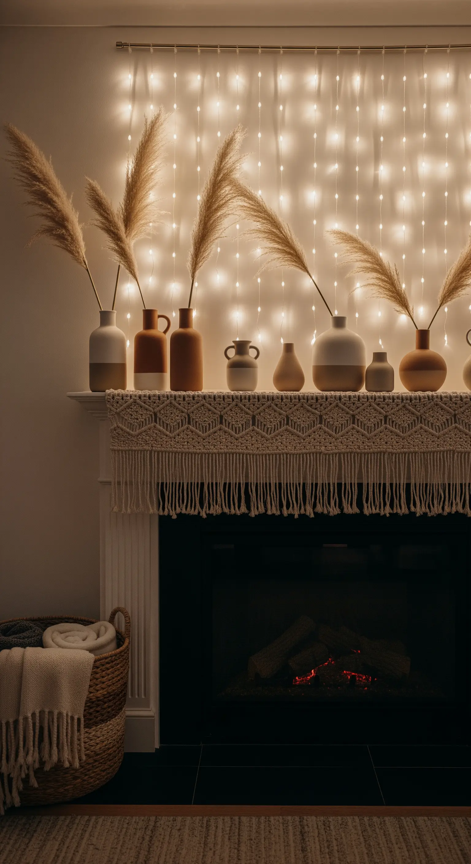 Kaminumrandung mit Makramee-Läufer und LED-Lichtvorhang