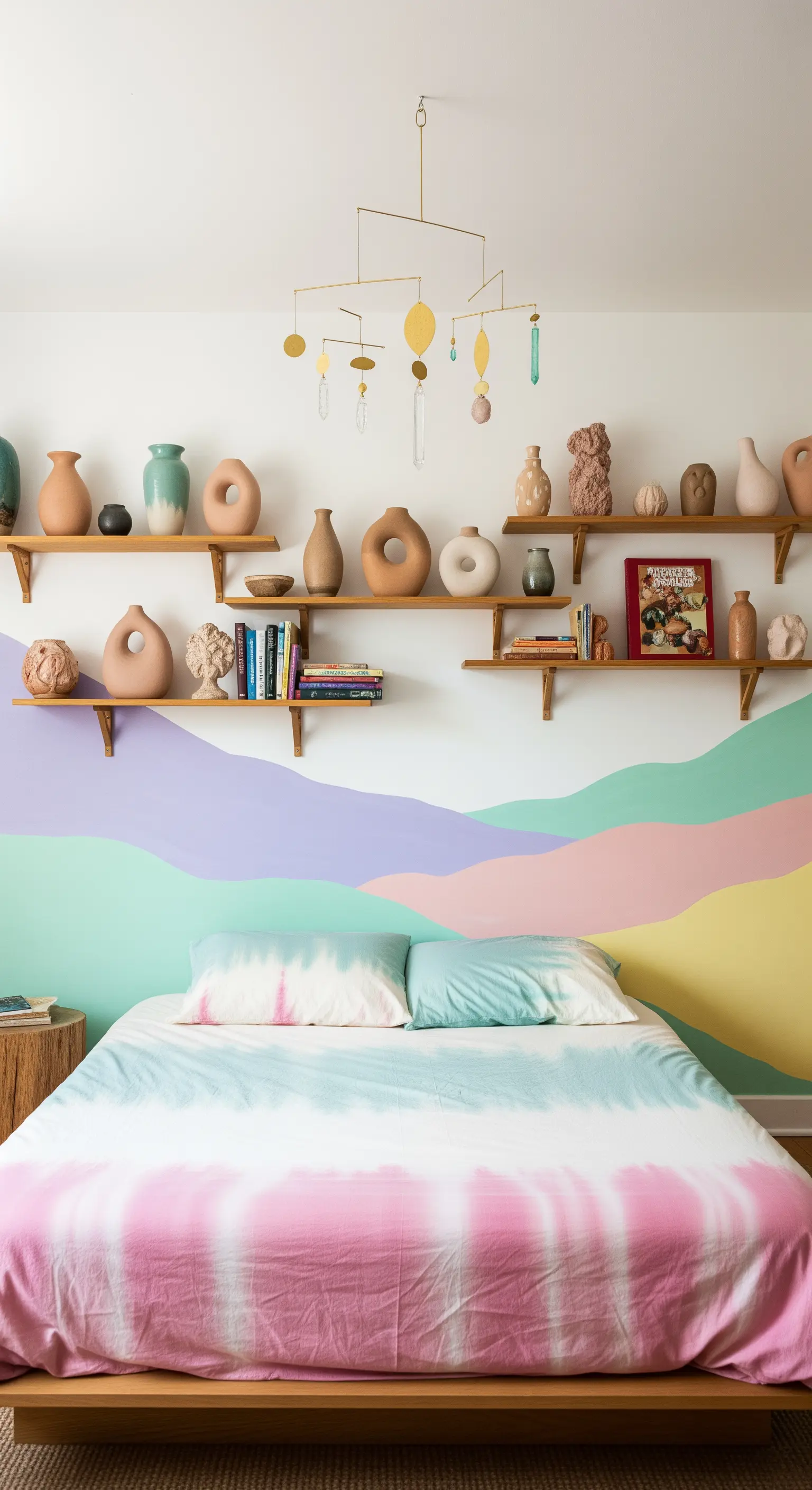 Kreatives Schlafzimmer mit einer pastellfarbenen Wandmalerei und Tie-Dye-Bettwäsche.