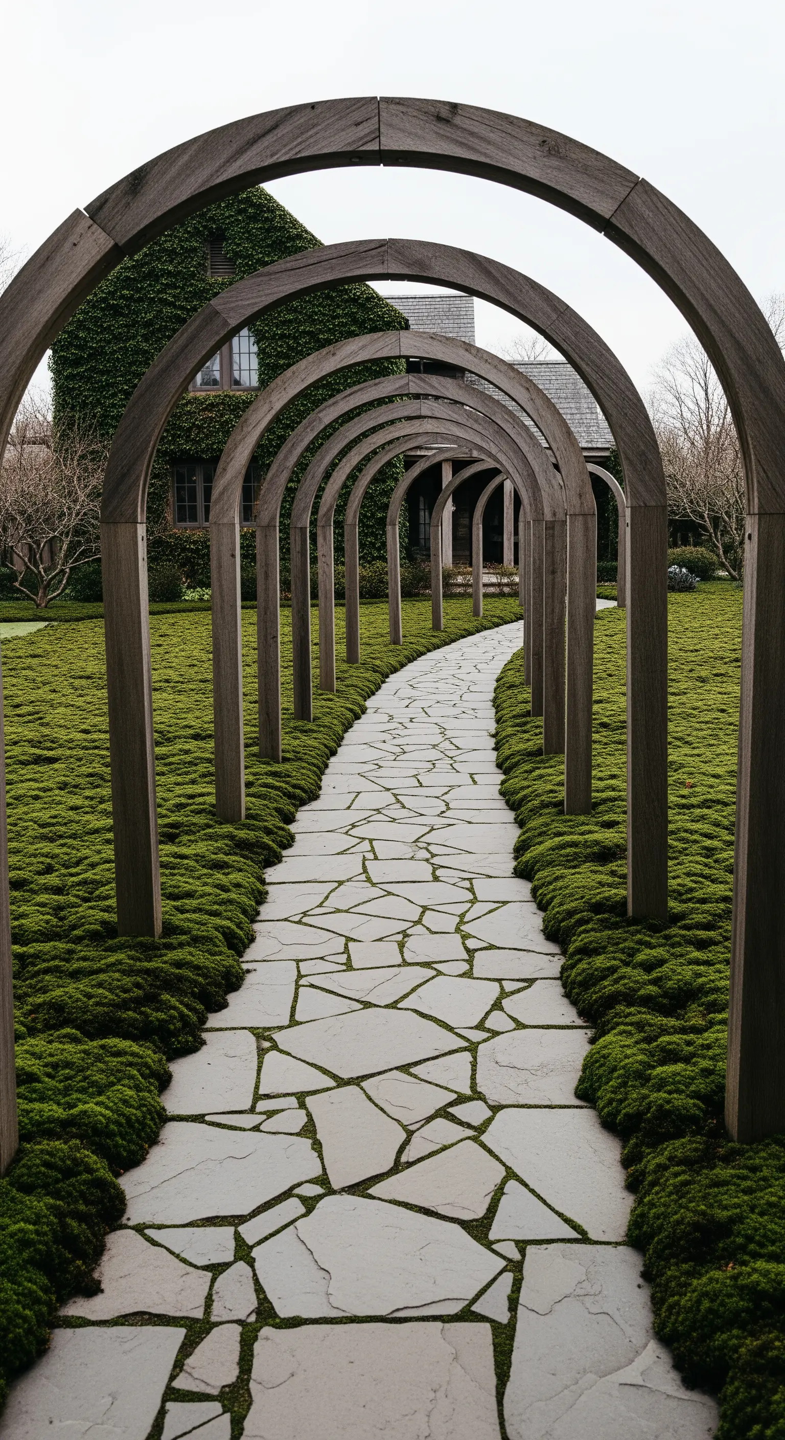 Gartenweg mit Holzbögen, Steinplatten und Moos