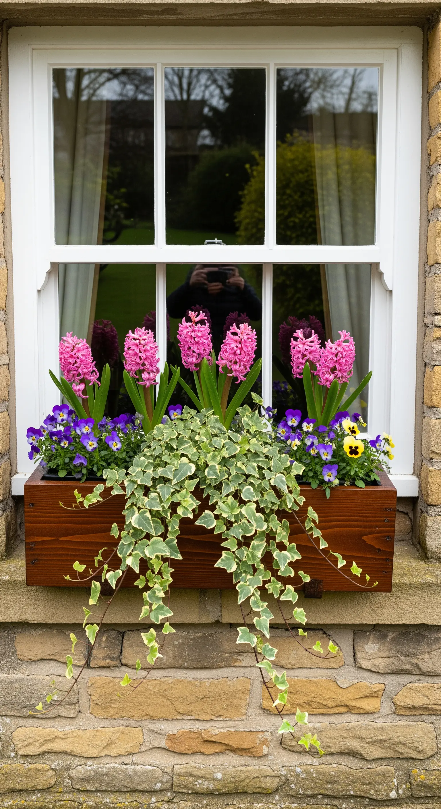 Holz-Fensterkasten mit Hyazinthen, Stiefmütterchen und Efeu an Steinmauer
