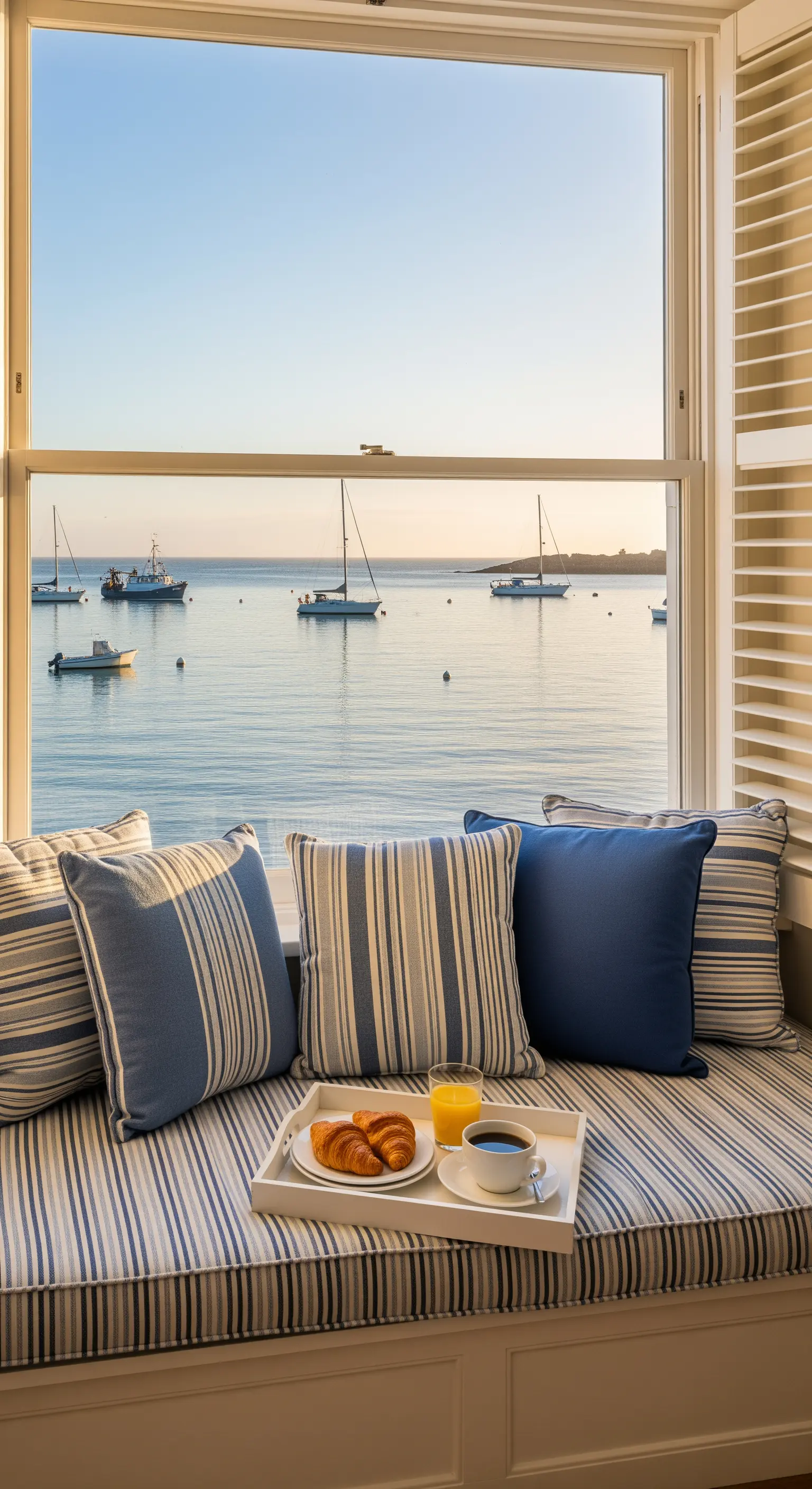 Fensternische mit gestreifter Sitzbank, blauen Kissen und Meerblick