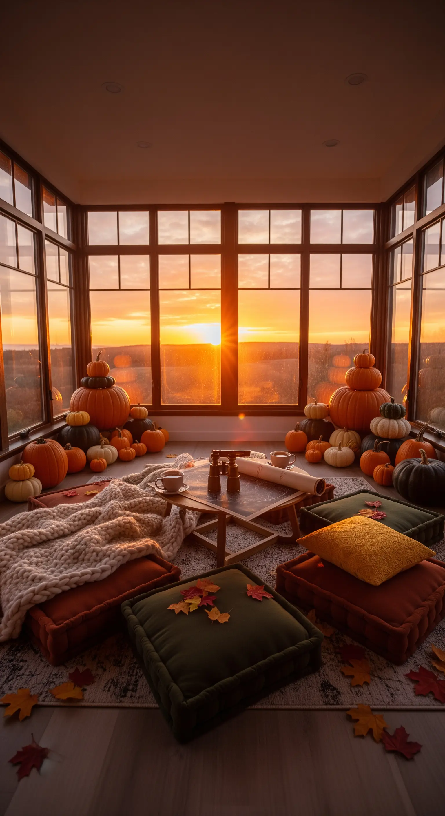 Bodensitzgruppe mit Kürbistürmen, Bodenkissen, Decke und Blick auf den Sonnenuntergang.